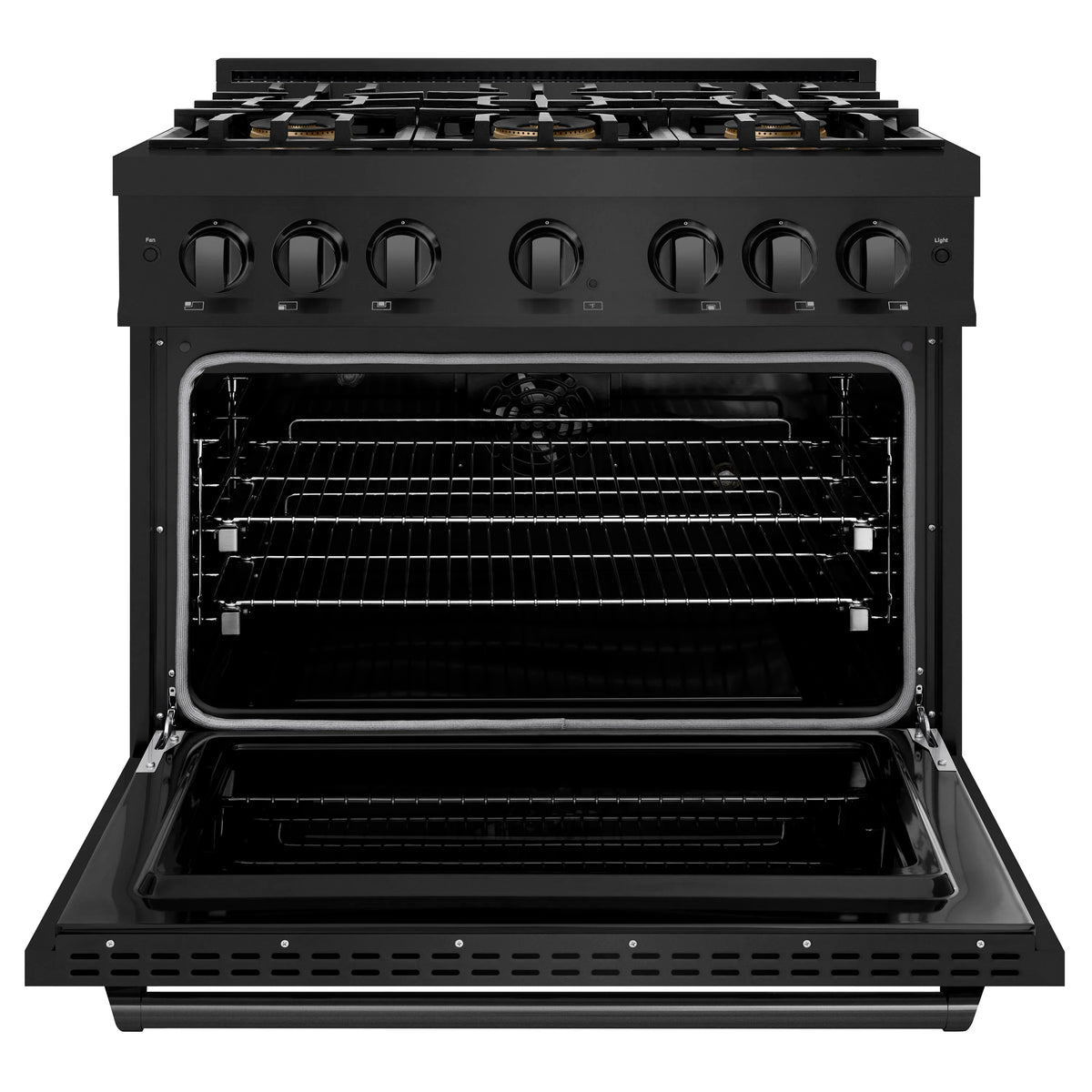 Open black oven door showing wire racks and interior bake chamber.