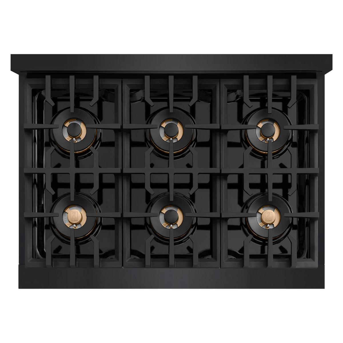 Black stainless dual fuel range cooktop with six gas burners and grates