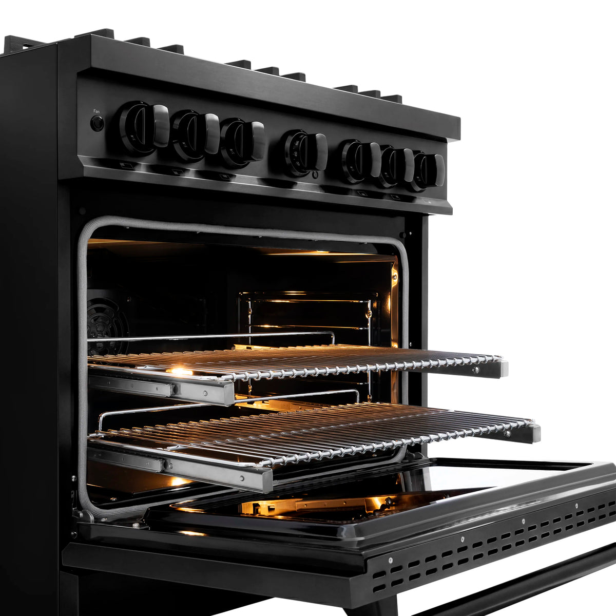 Black convection oven with lit interior racks and open oven door