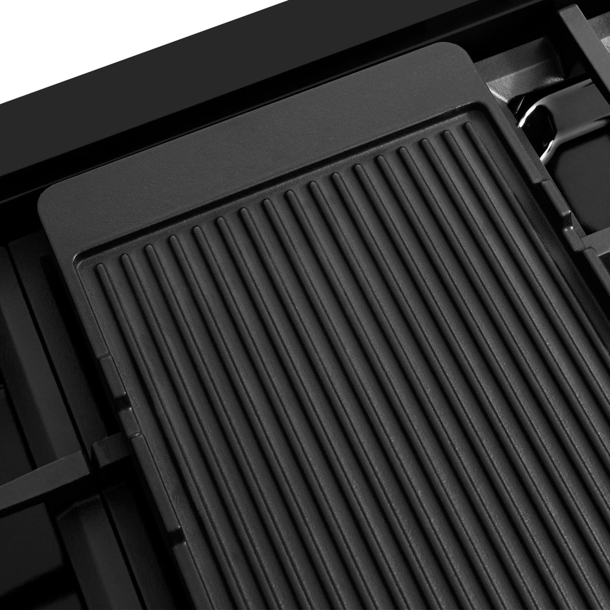 Dual fuel range oven door vent panel with ribbed design, black stainless steel