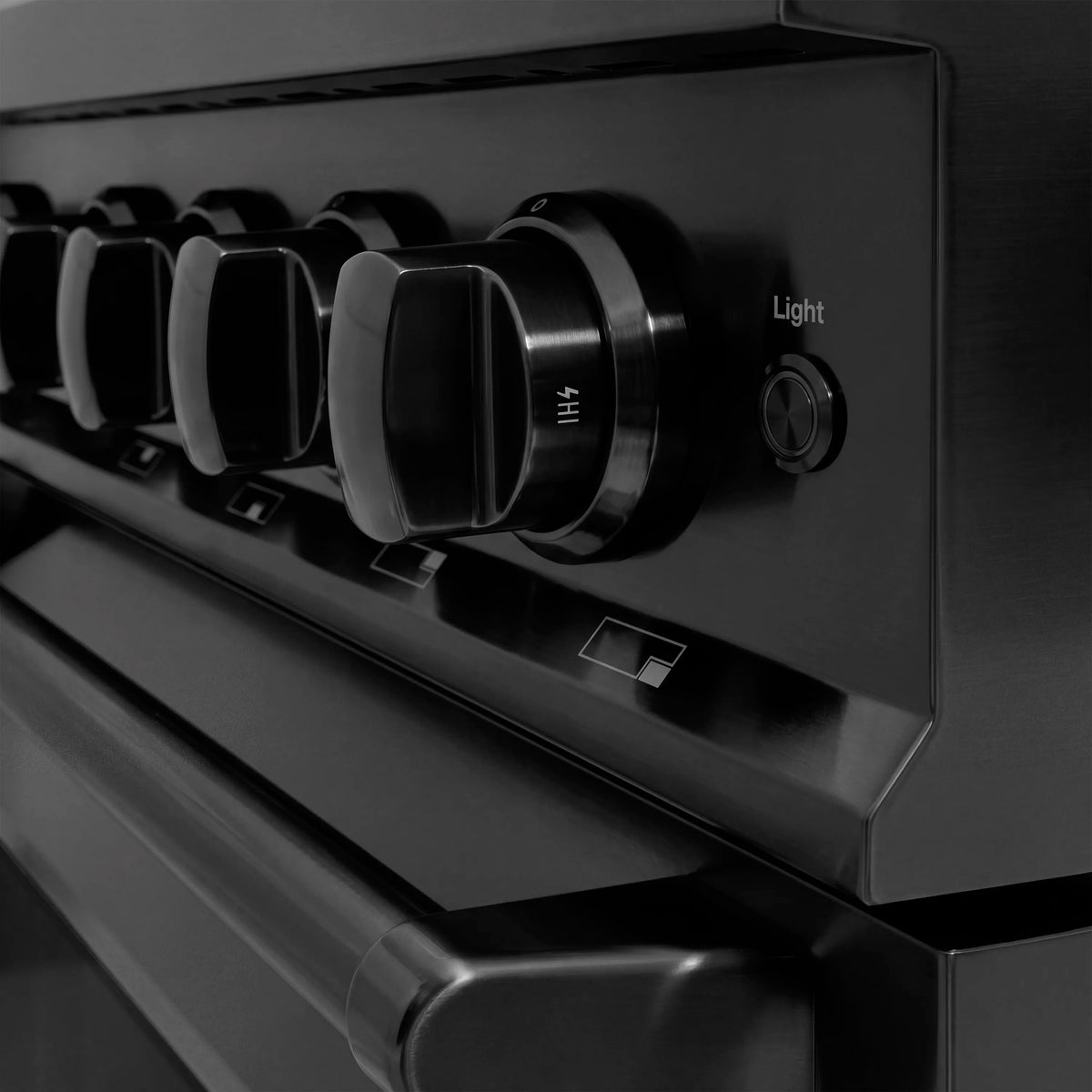 Dual fuel range front control knob area with selector settings, black stainless steel