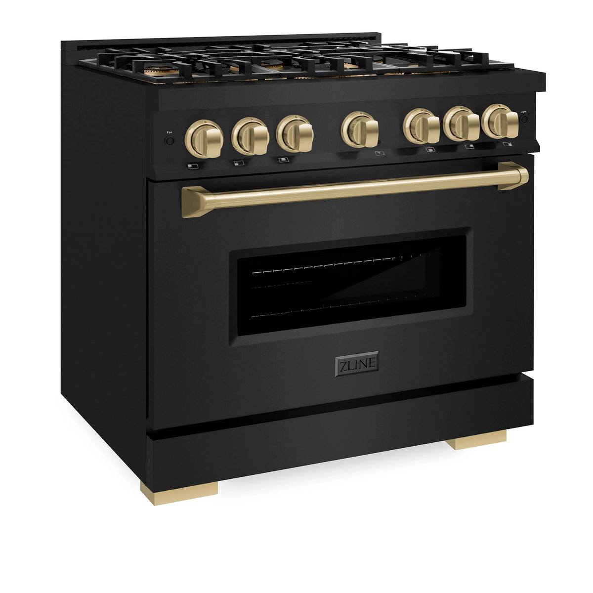 Black dual fuel range with six-burner cooktop and brass handle on oven front