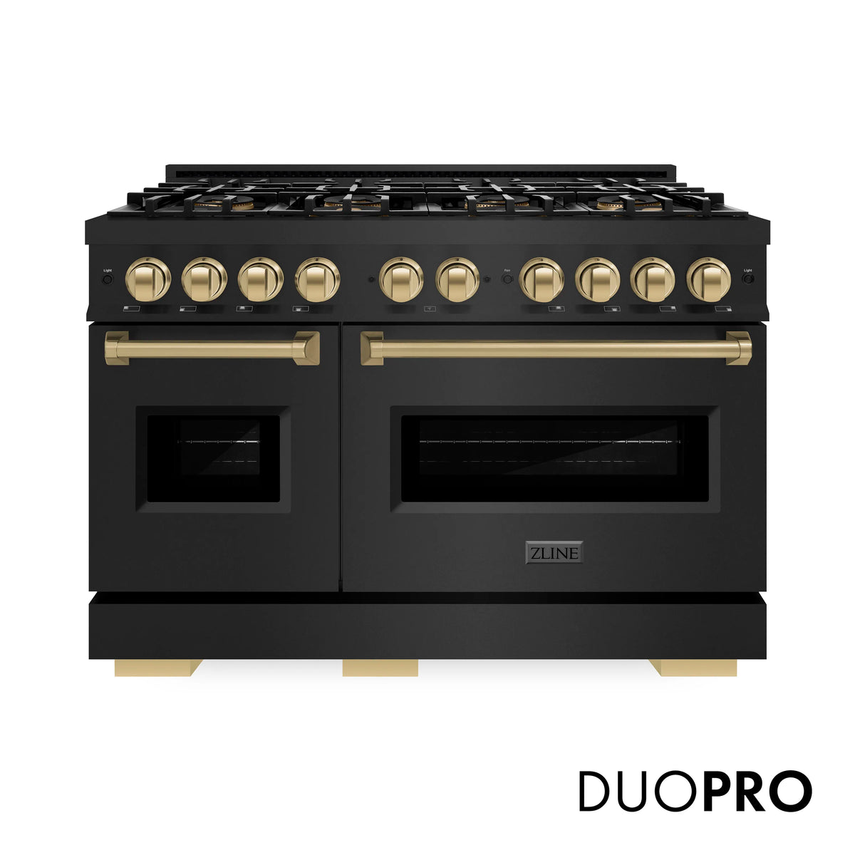 Black dual fuel range front view with gold accents and DUOPRO branding
