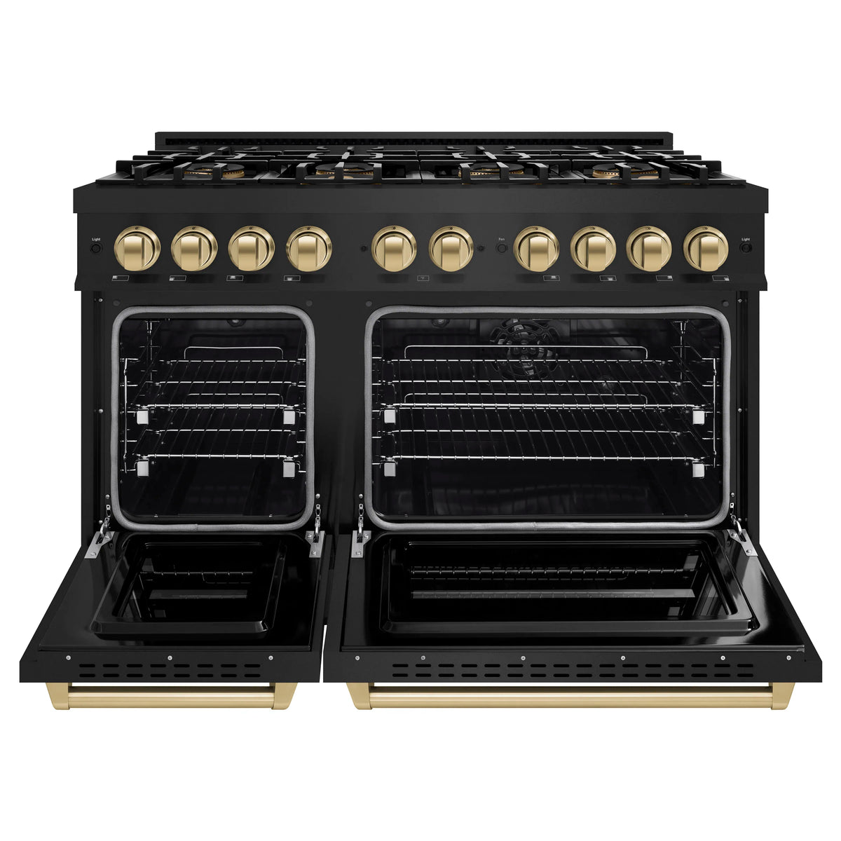 Black dual oven range with doors open, wire racks inside, and gold handles