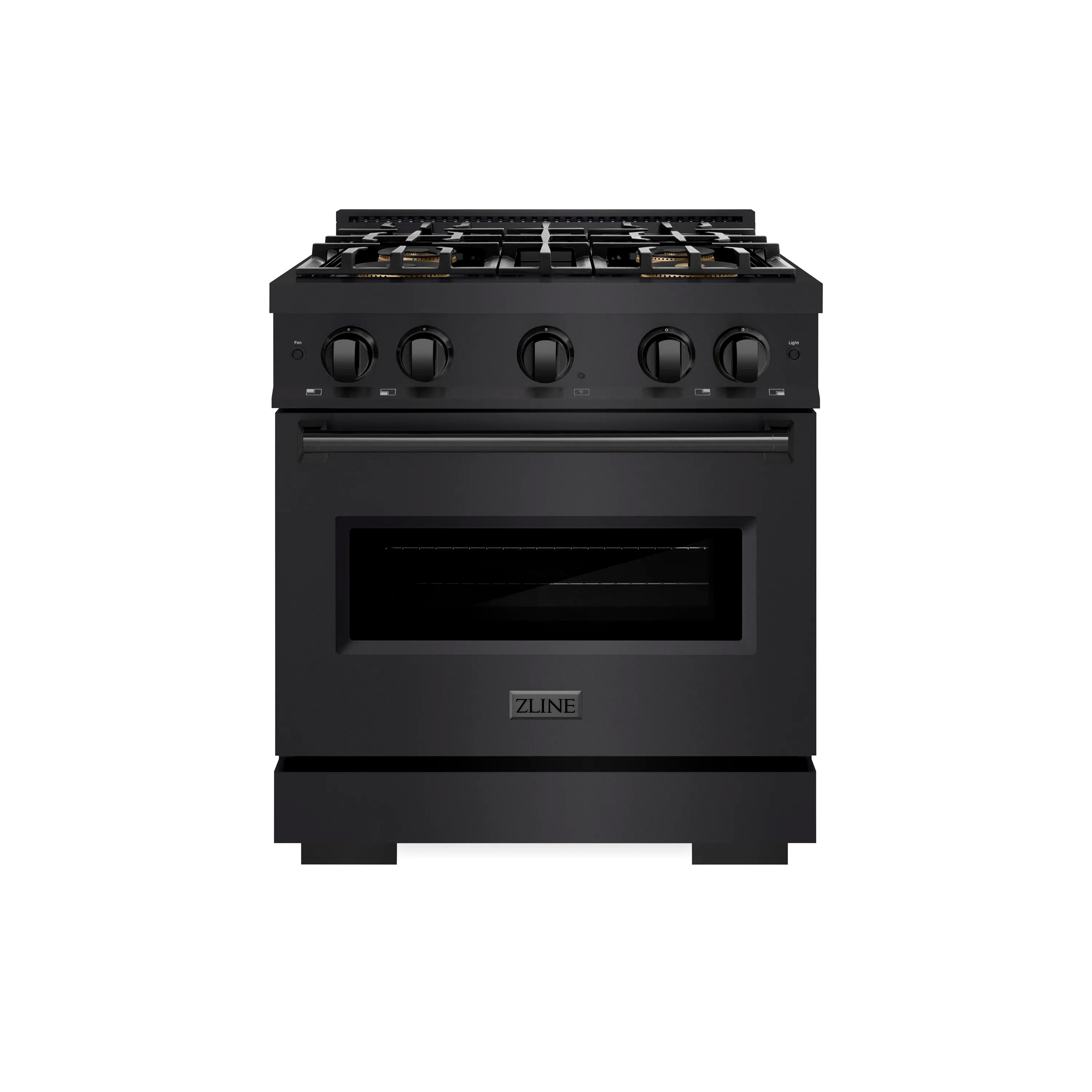 Black gas range with four burner knobs and convection oven door