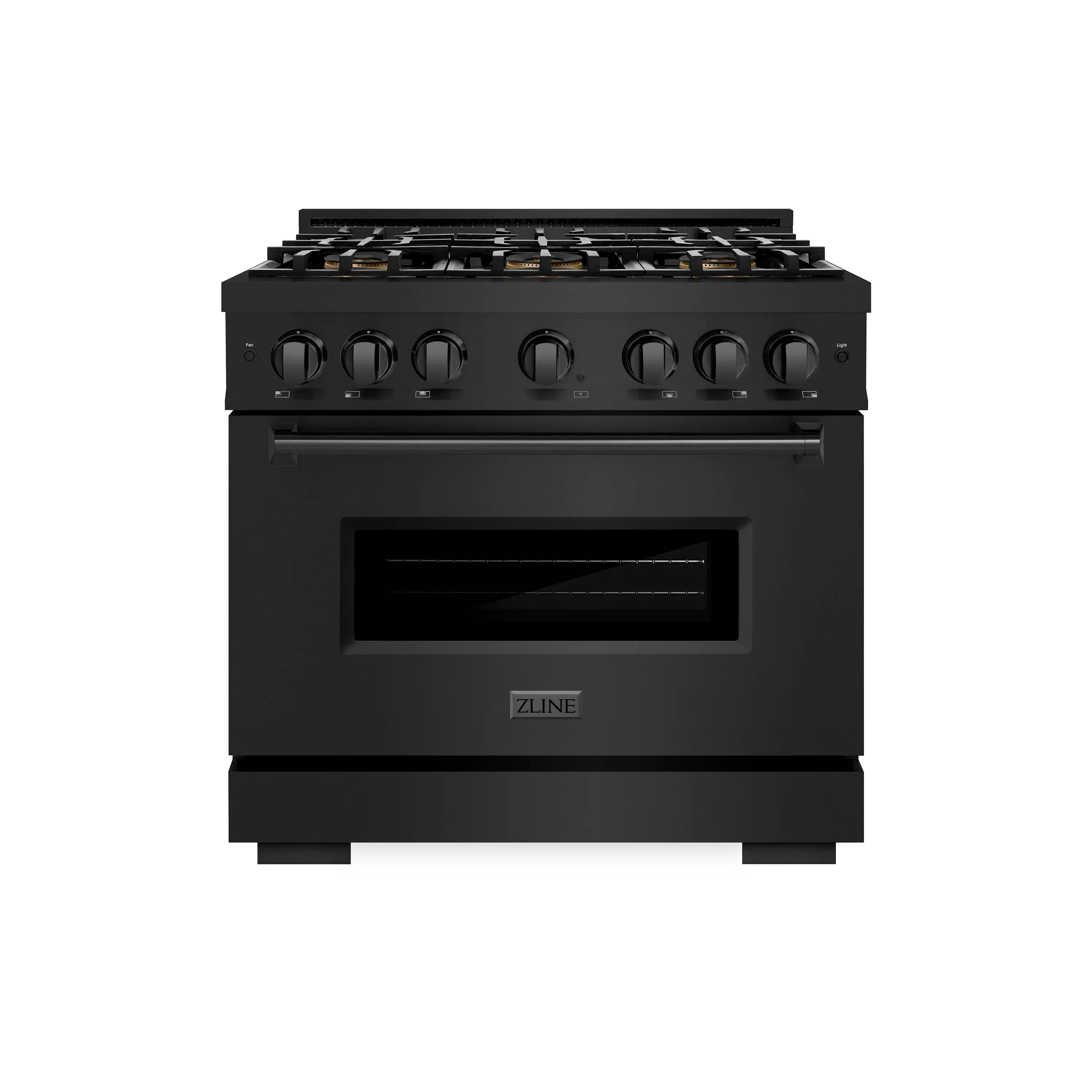 Black stainless gas range with six burner knobs and convection oven door