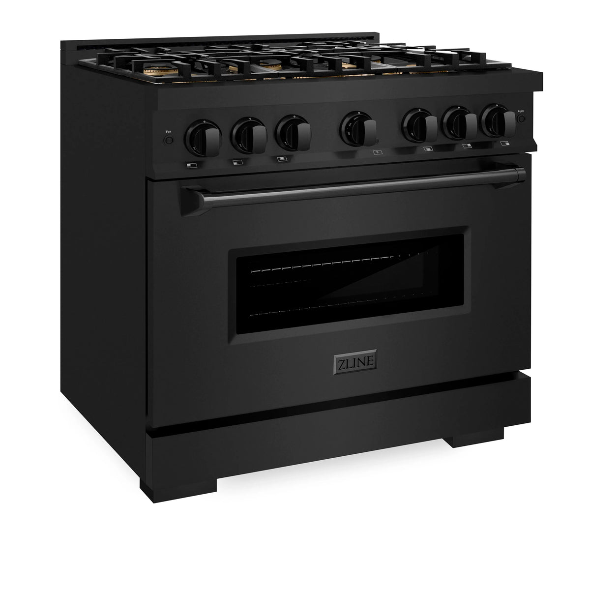 Black stainless gas range three-quarter view with control knobs and oven door