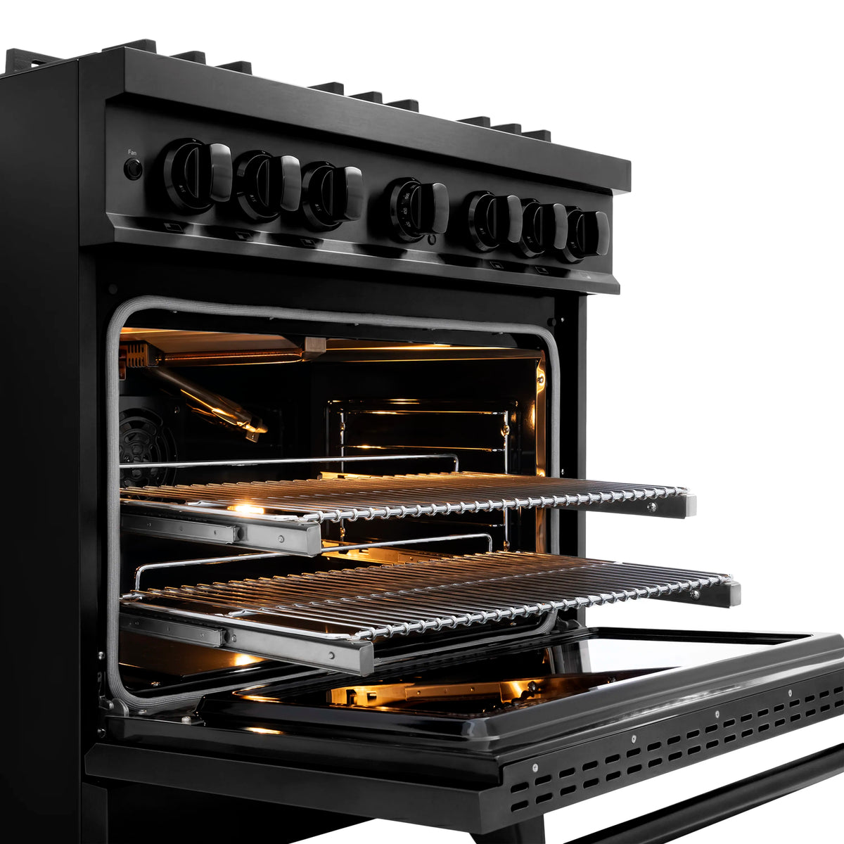 Black stainless gas range with 6-burner cooktop and open convection oven door