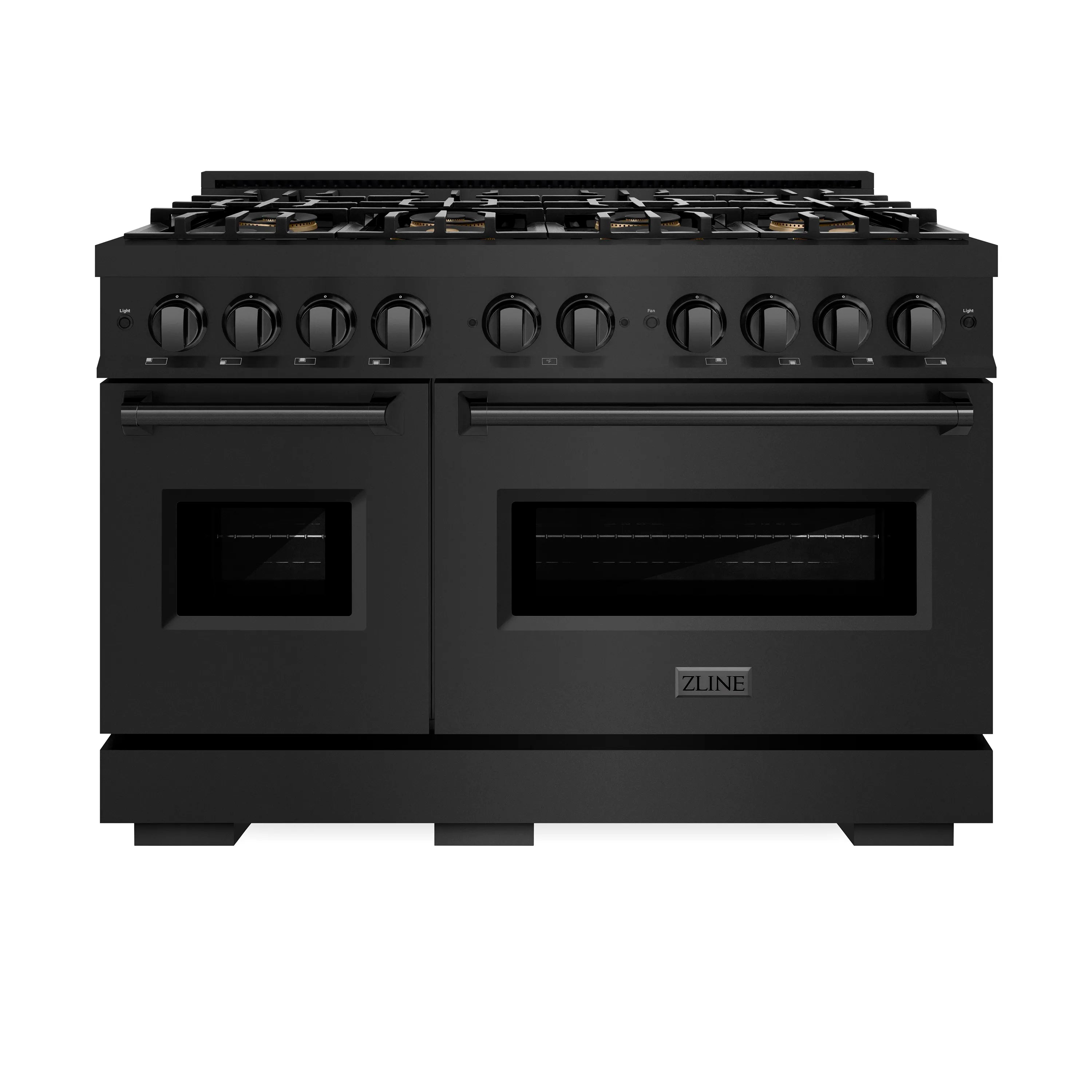 Matte black gas range with dual ovens and eight-burner cooktop, front view