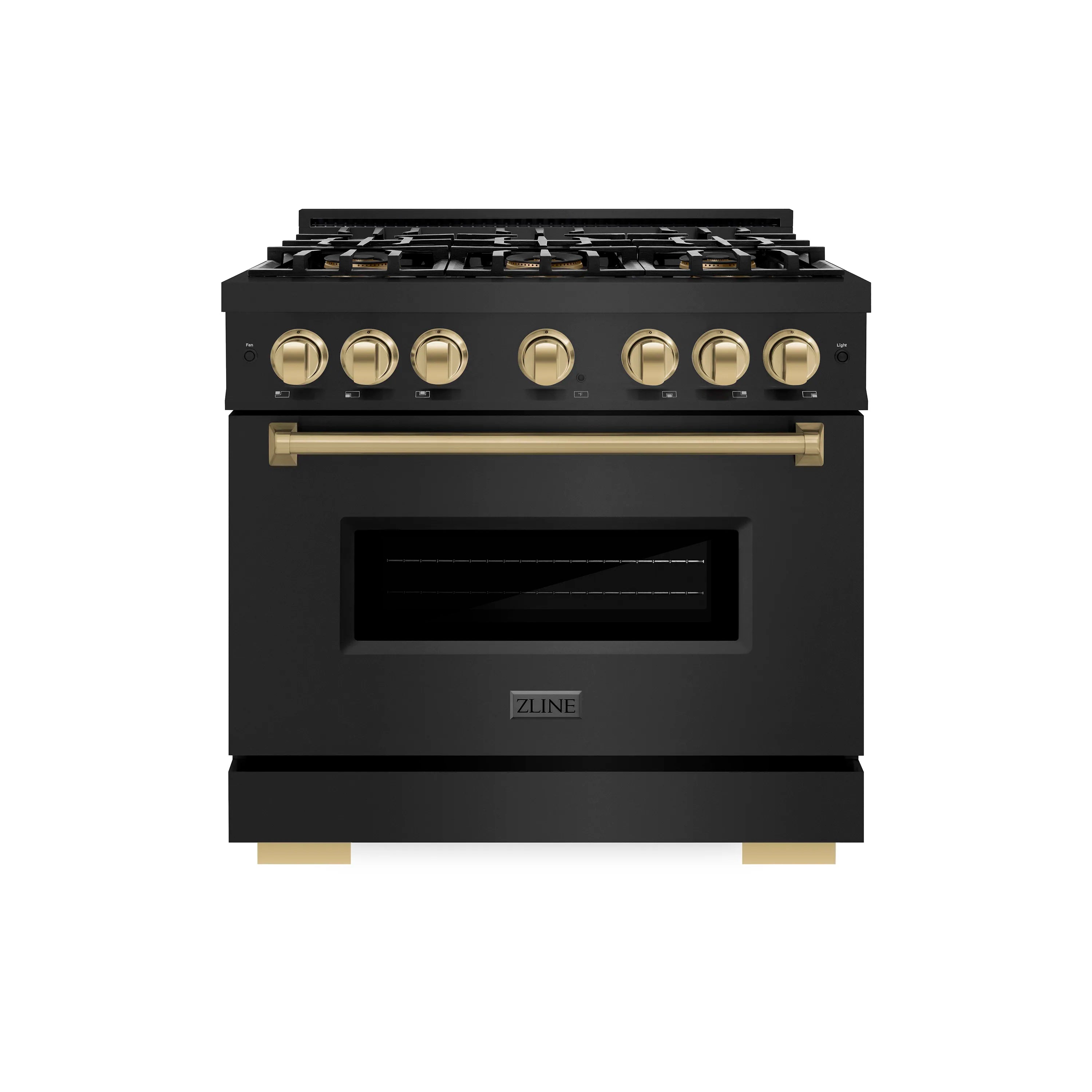 Black stainless gas range with bronze knobs and oven window, 6-burner cooktop