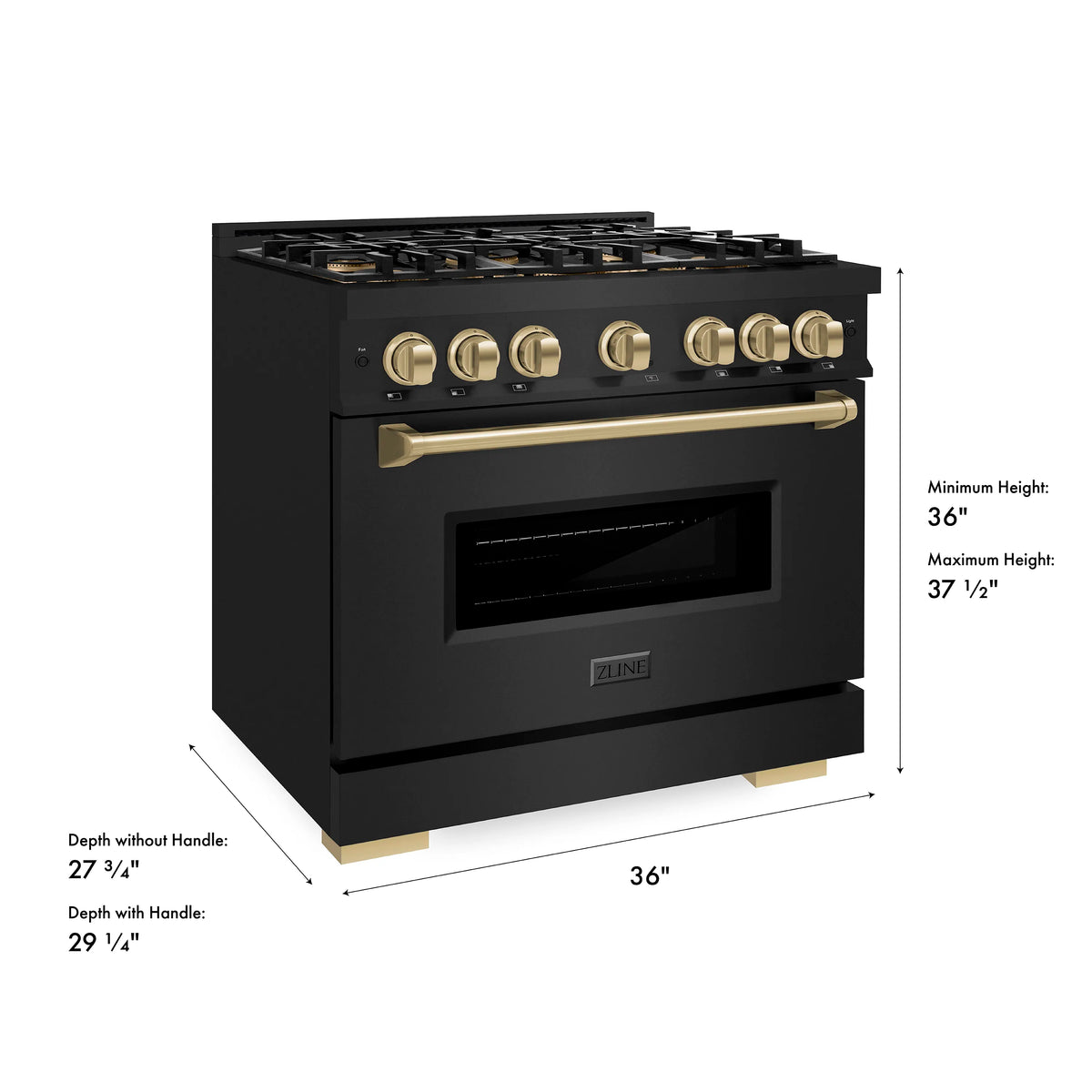 Black gas range side view with bronze accents and height/depth measurement markers