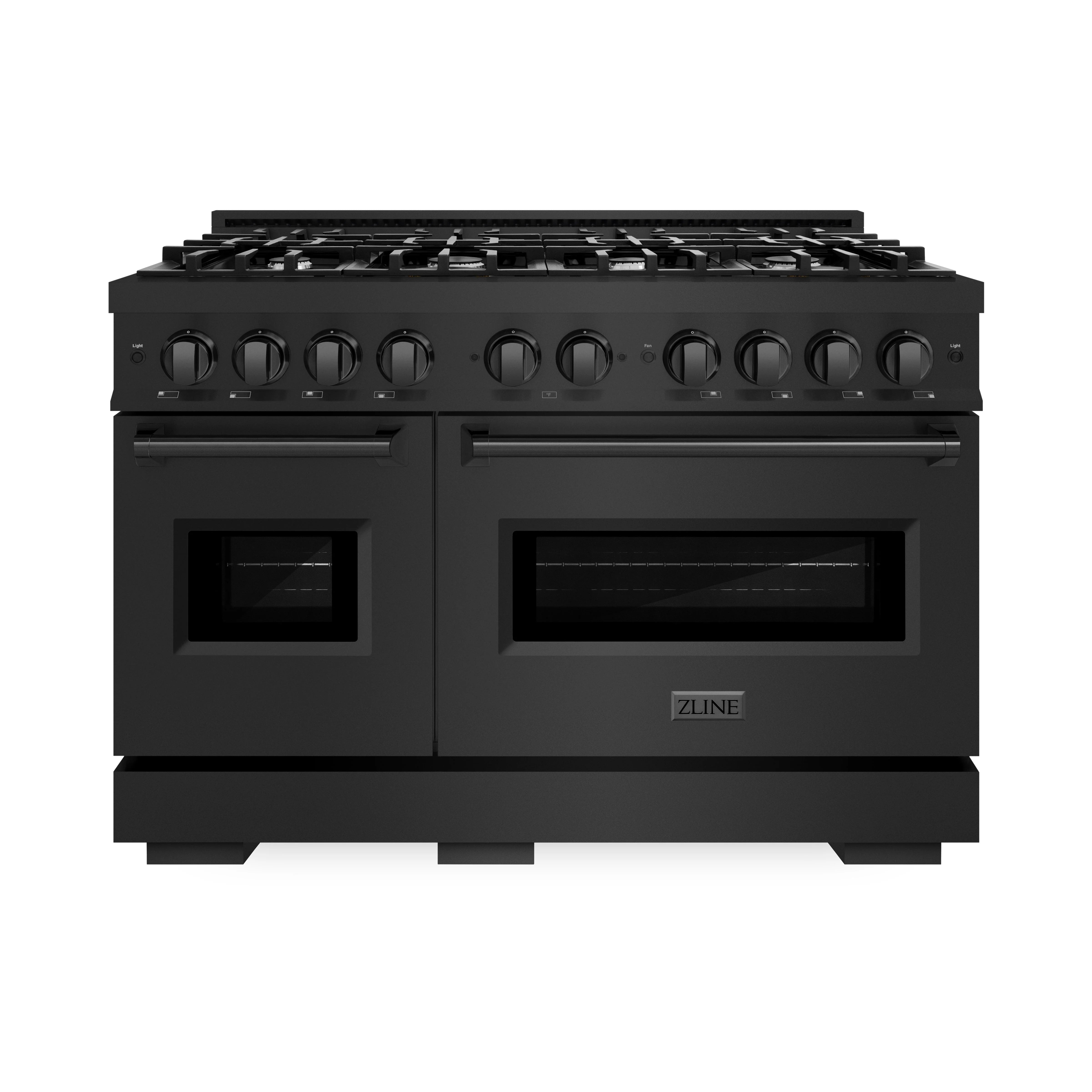 Black gas range front view with dual ovens and control knobs