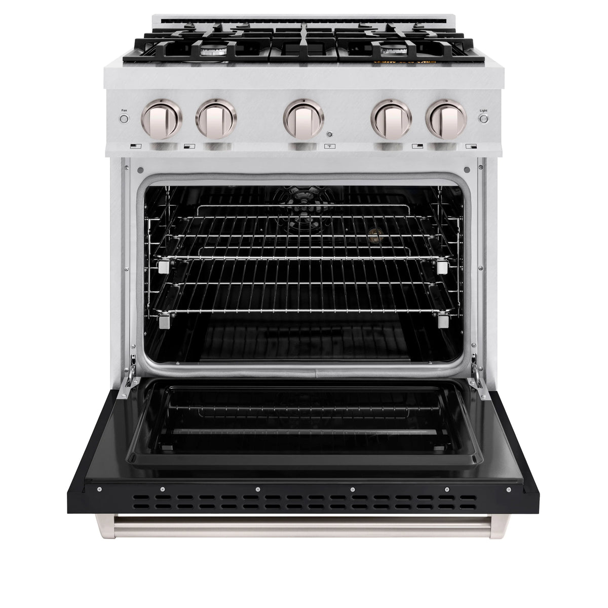 Dual fuel range, satin stainless finish, open oven door, four gas burners