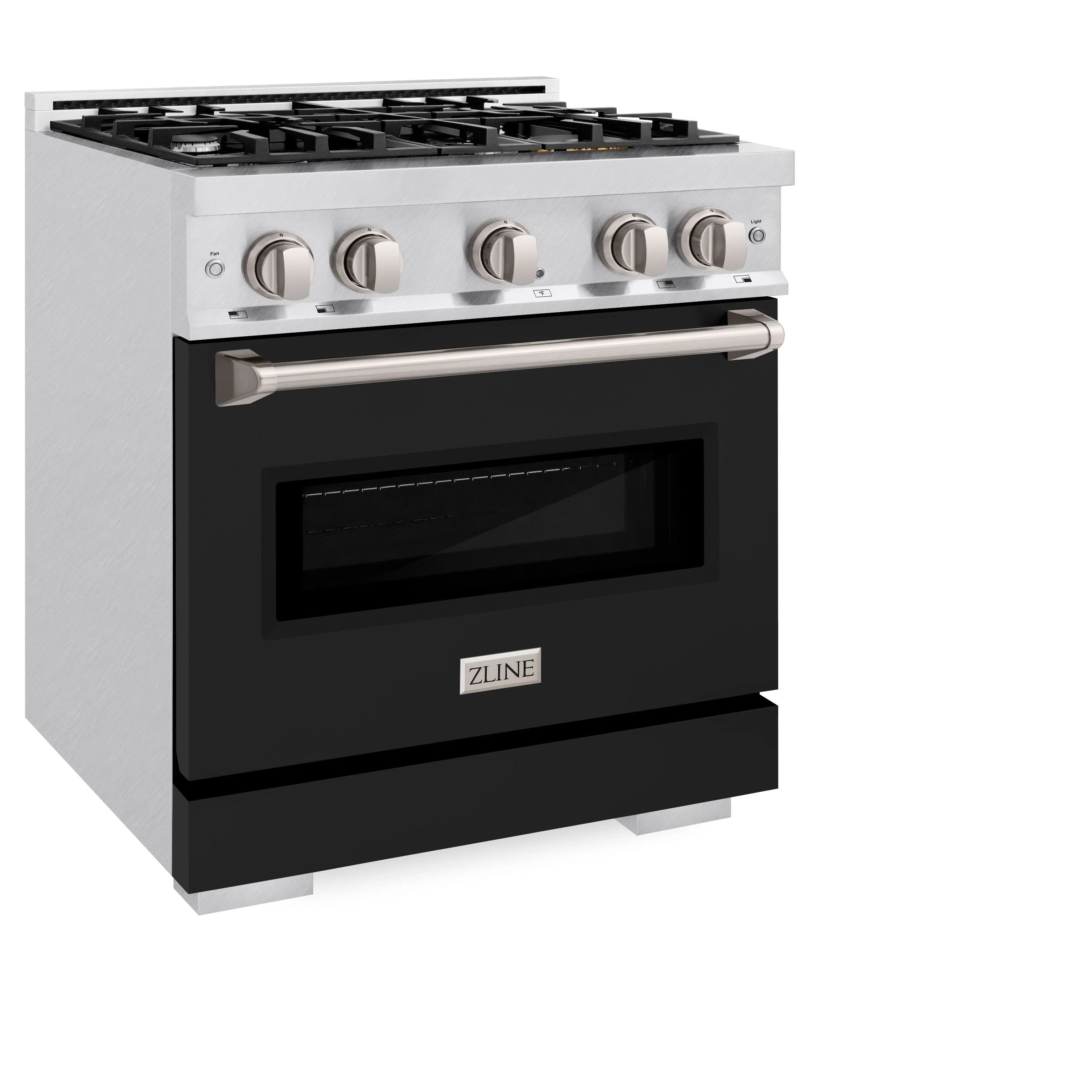 Dual fuel range with satin stainless body and black matte oven door