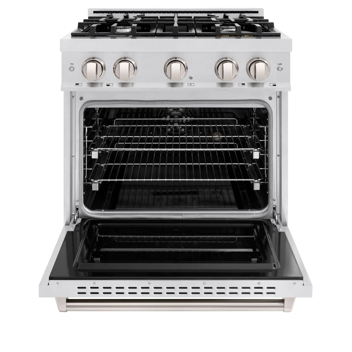 ZLINE dual-fuel range with satin stainless oven door open and gas burner cooktop