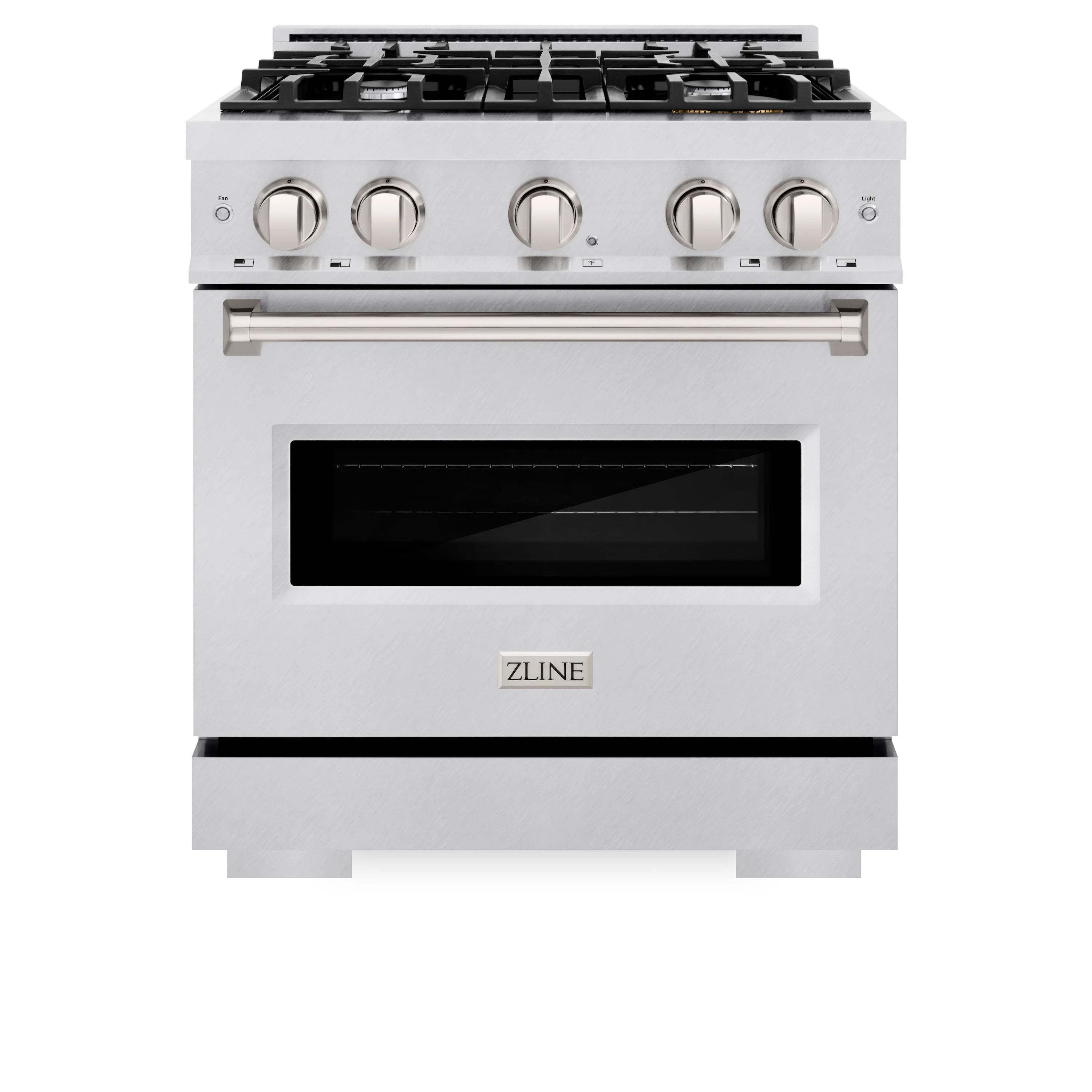 ZLINE dual fuel range with four gas burners and satin stainless steel oven door