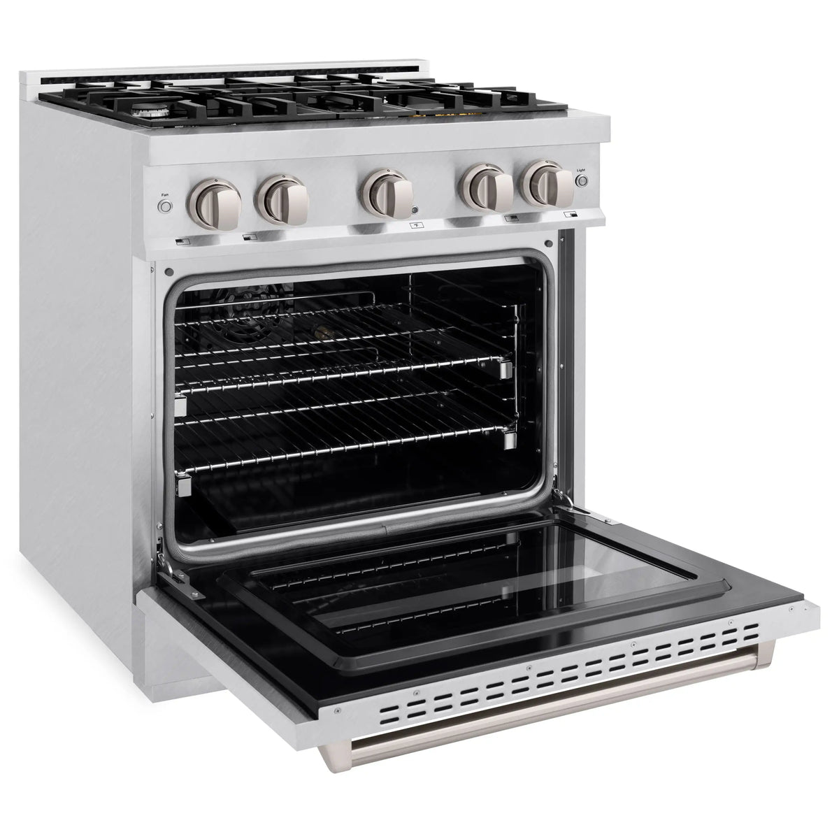 ZLINE dual fuel range with open electric convection oven and wire racks in satin stainless steel