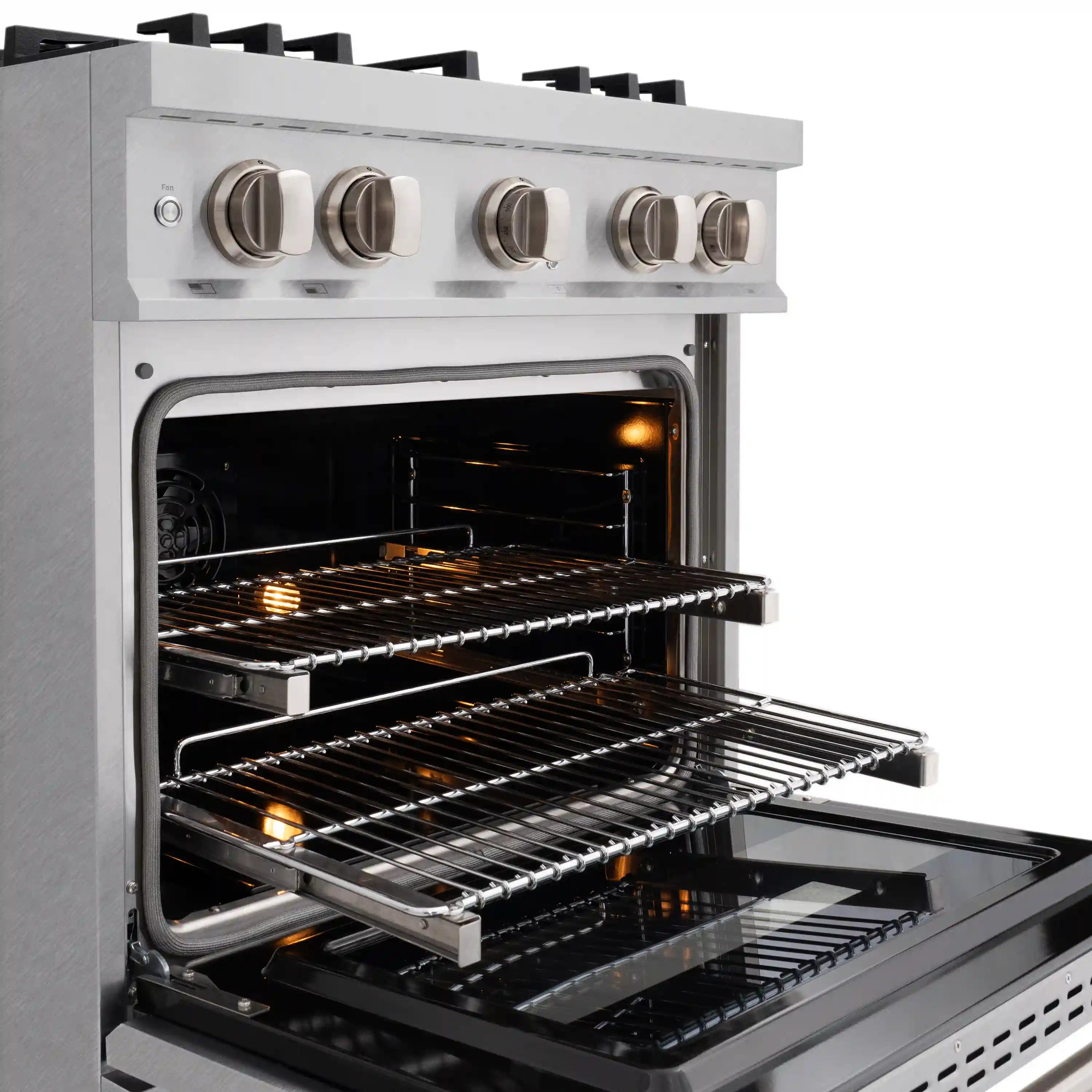 ZLINE dual fuel range with open oven, wire racks, and stainless control knobs