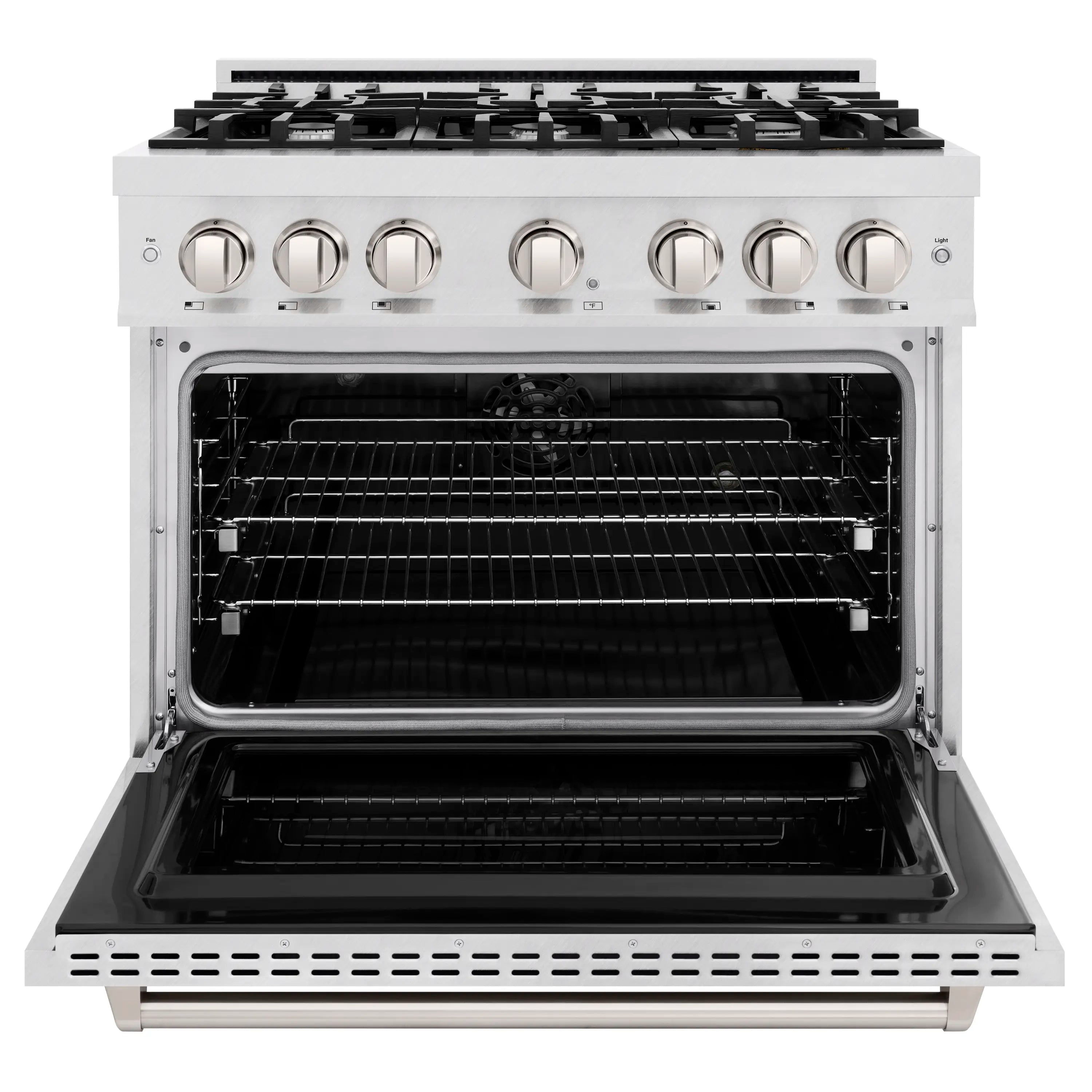 Satin stainless steel oven with door open showing wire racks and baking cavity