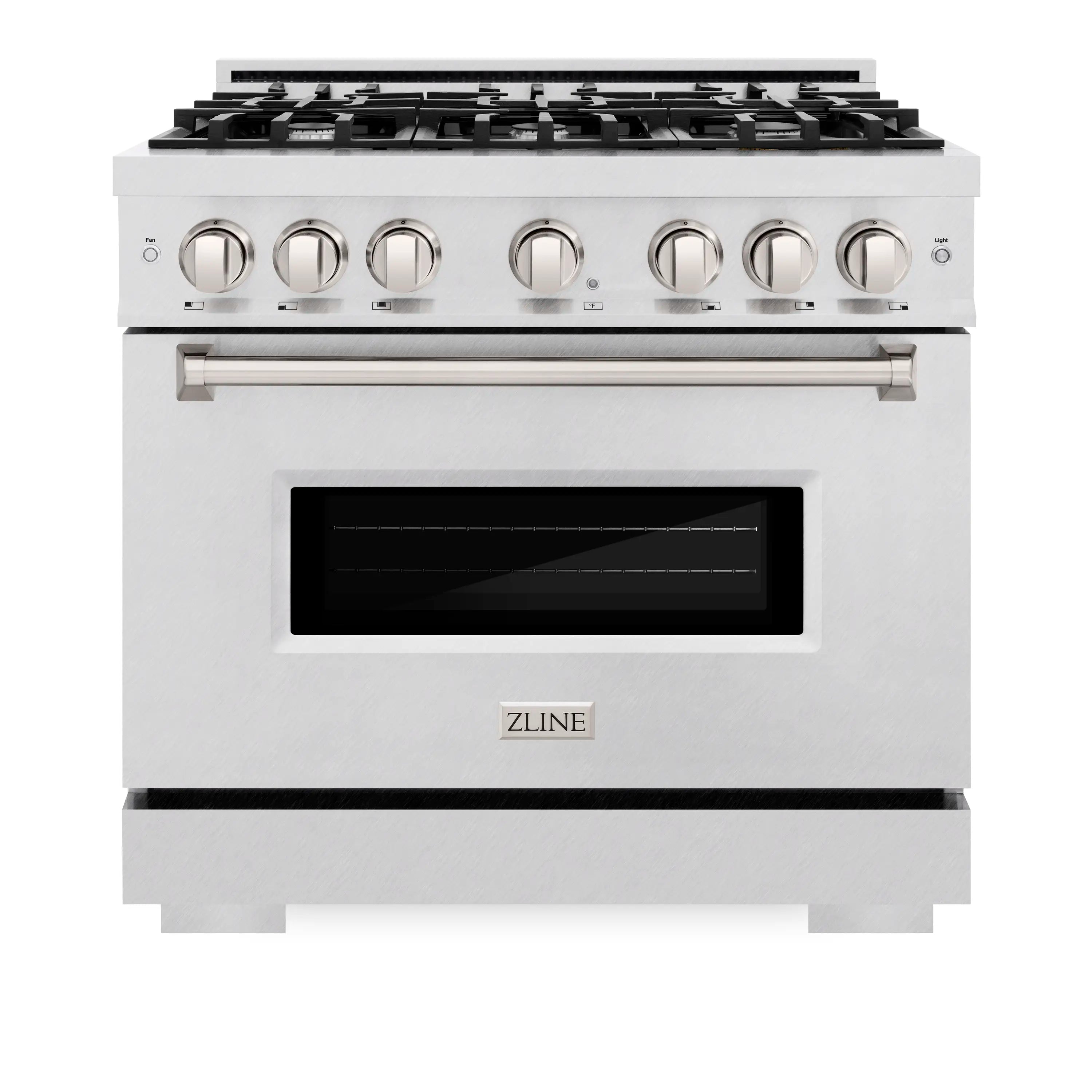 Satin stainless steel freestanding range with six burner knobs and closed oven door