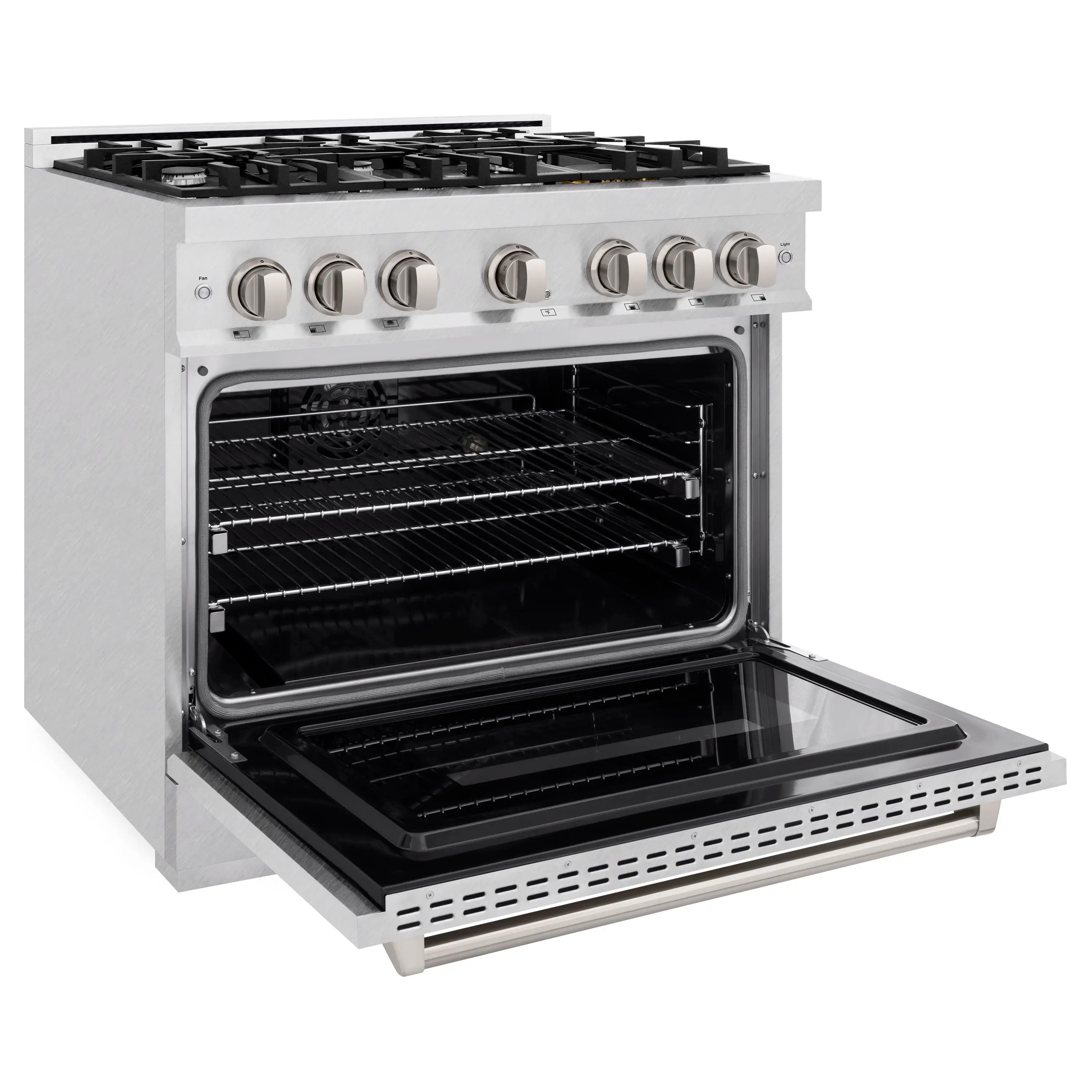 Satin stainless steel oven with door open and wire racks pulled forward
