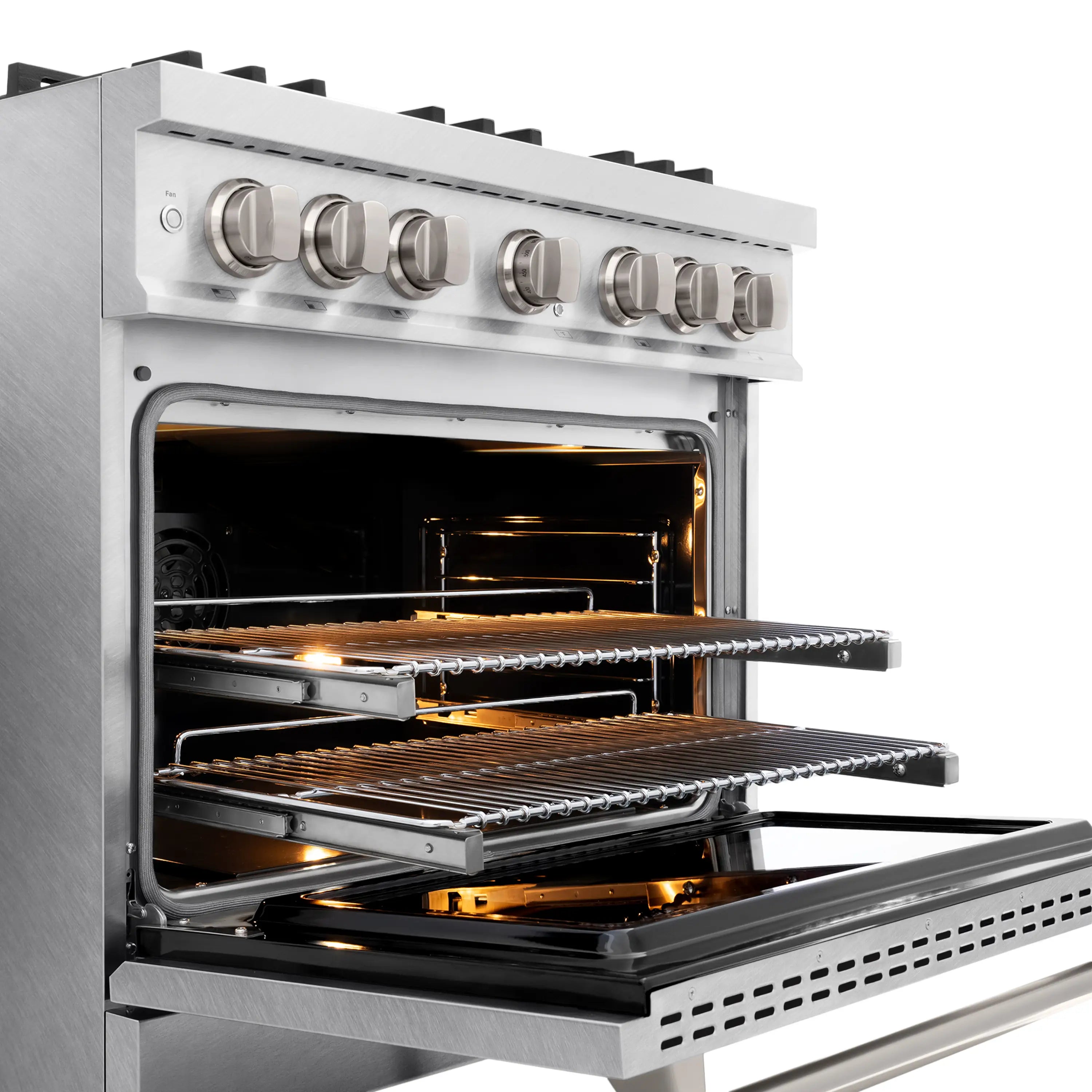 Satin stainless steel oven door open with heated racks and glowing bake elements