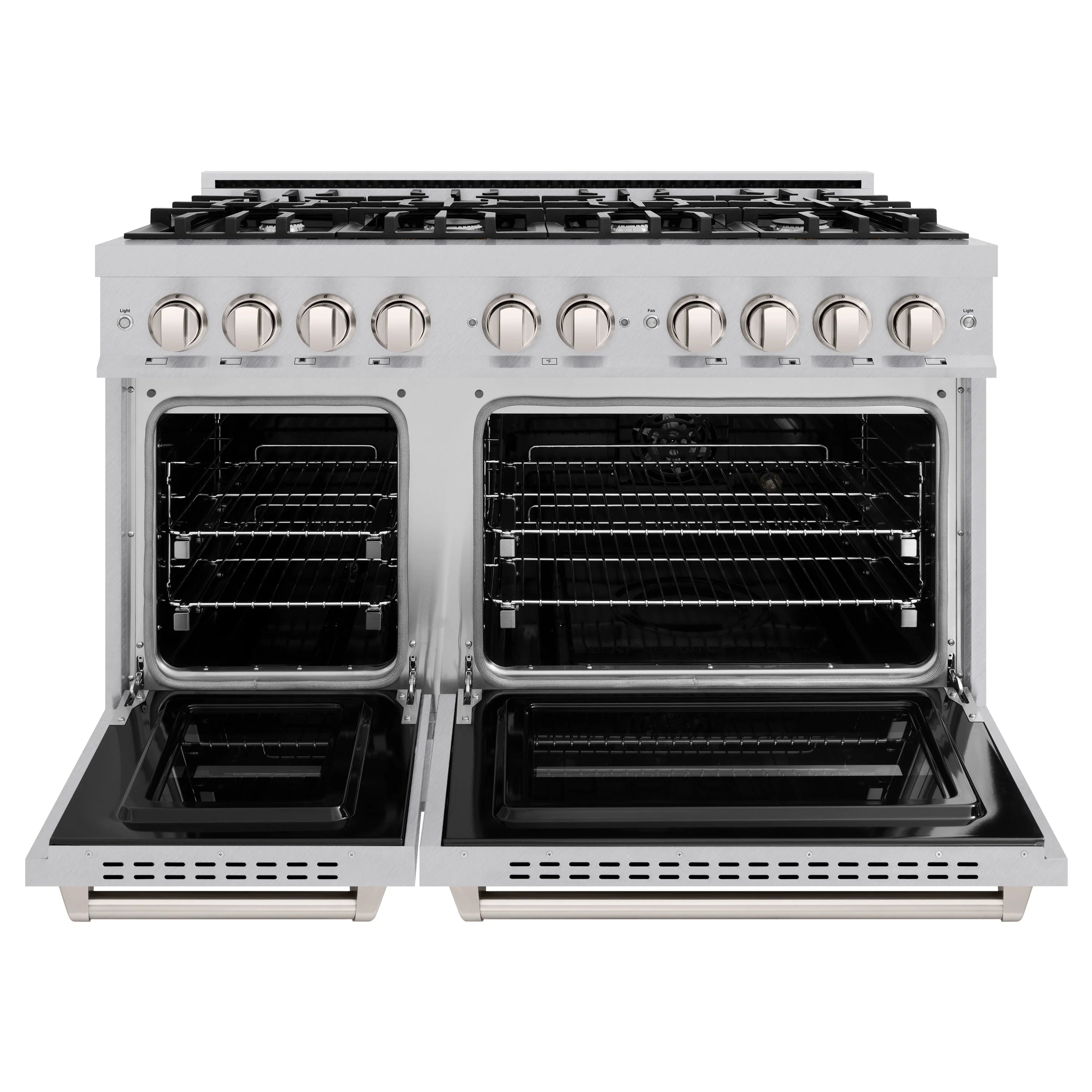Stainless dual fuel range with both oven doors open, showing empty oven interiors