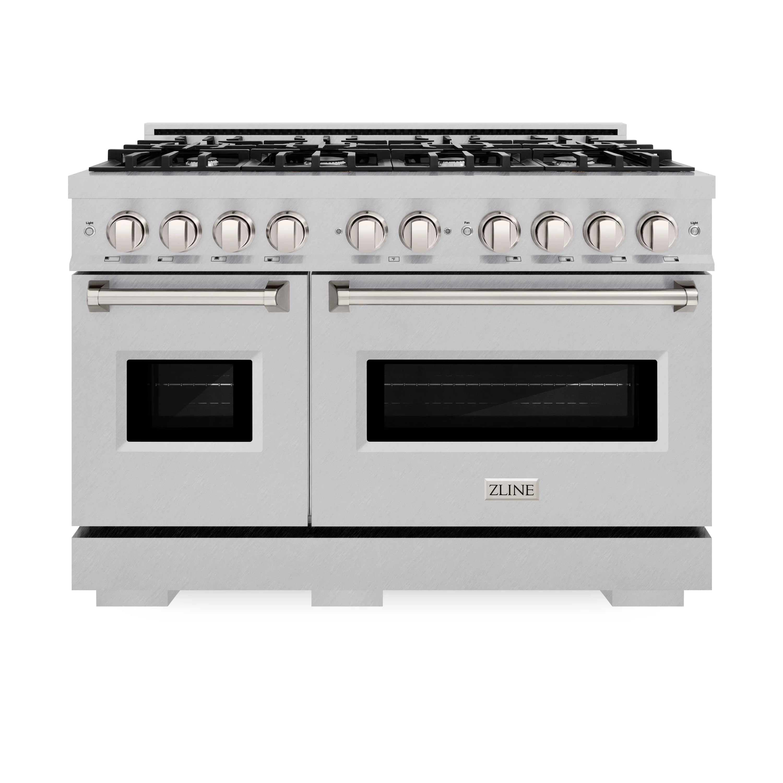 Dual fuel range with stainless front, four oven knobs, and two oven doors