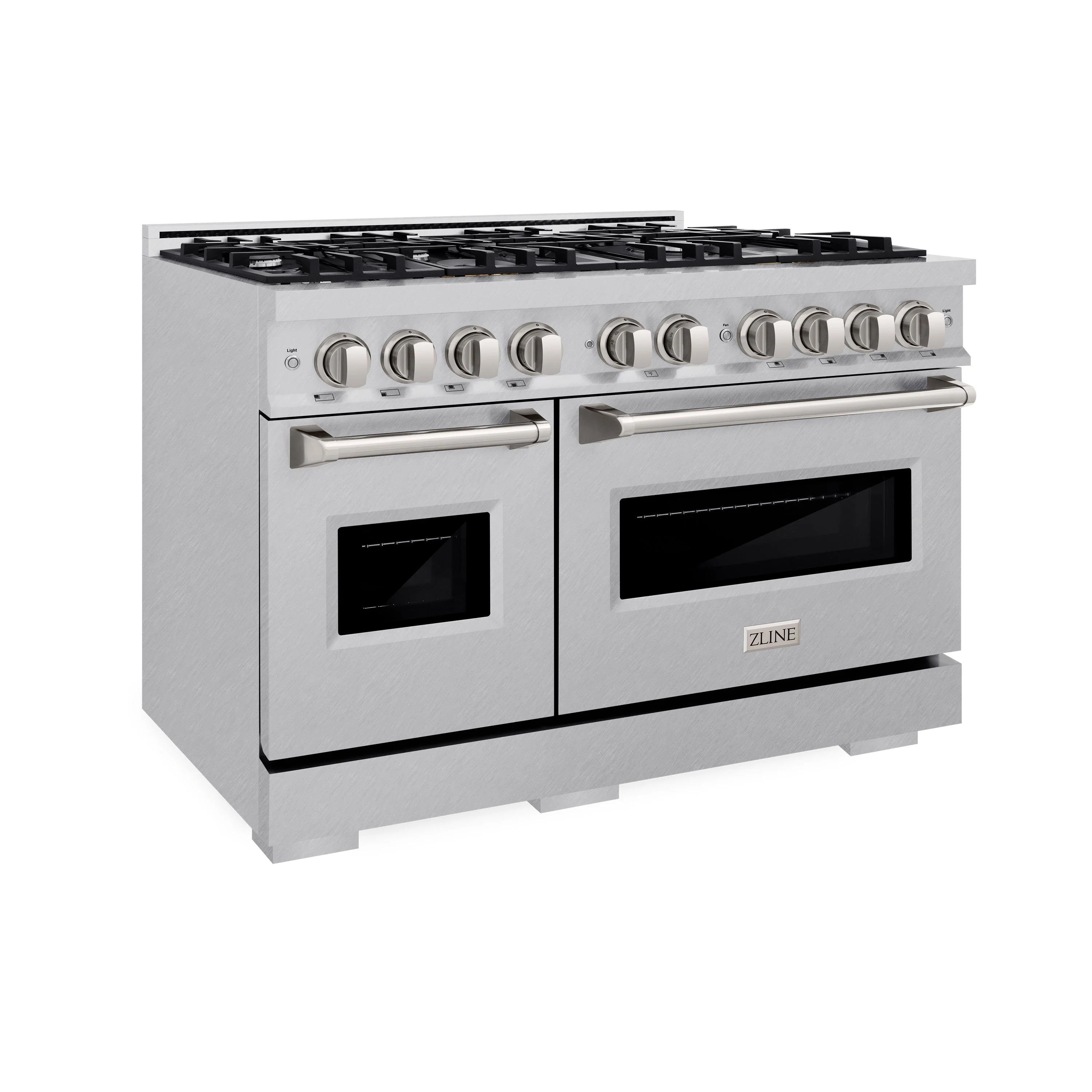 Stainless dual fuel range with two oven doors and top gas burner grate with knobs
