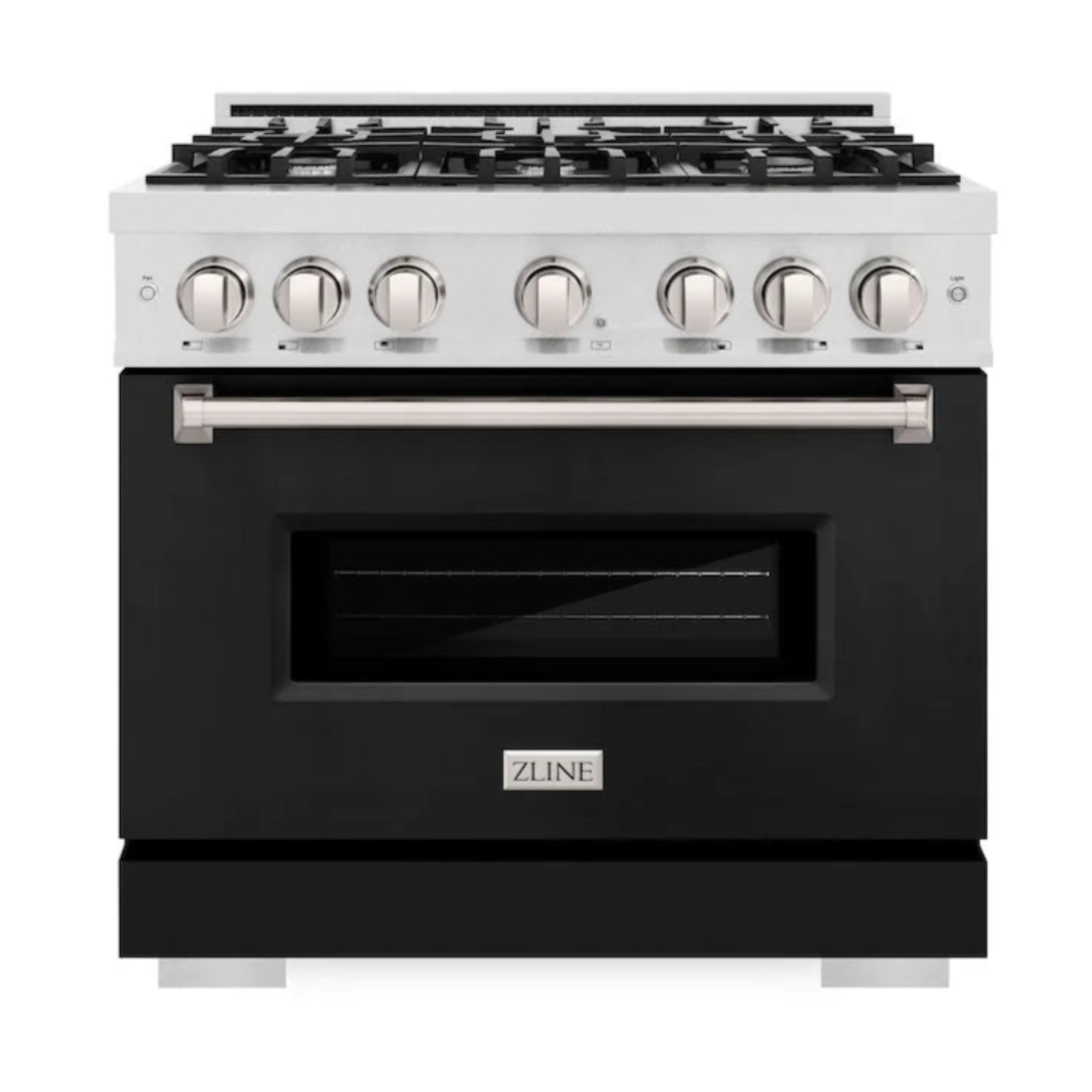 Dual fuel range front view with satin stainless knobs and black matte oven door