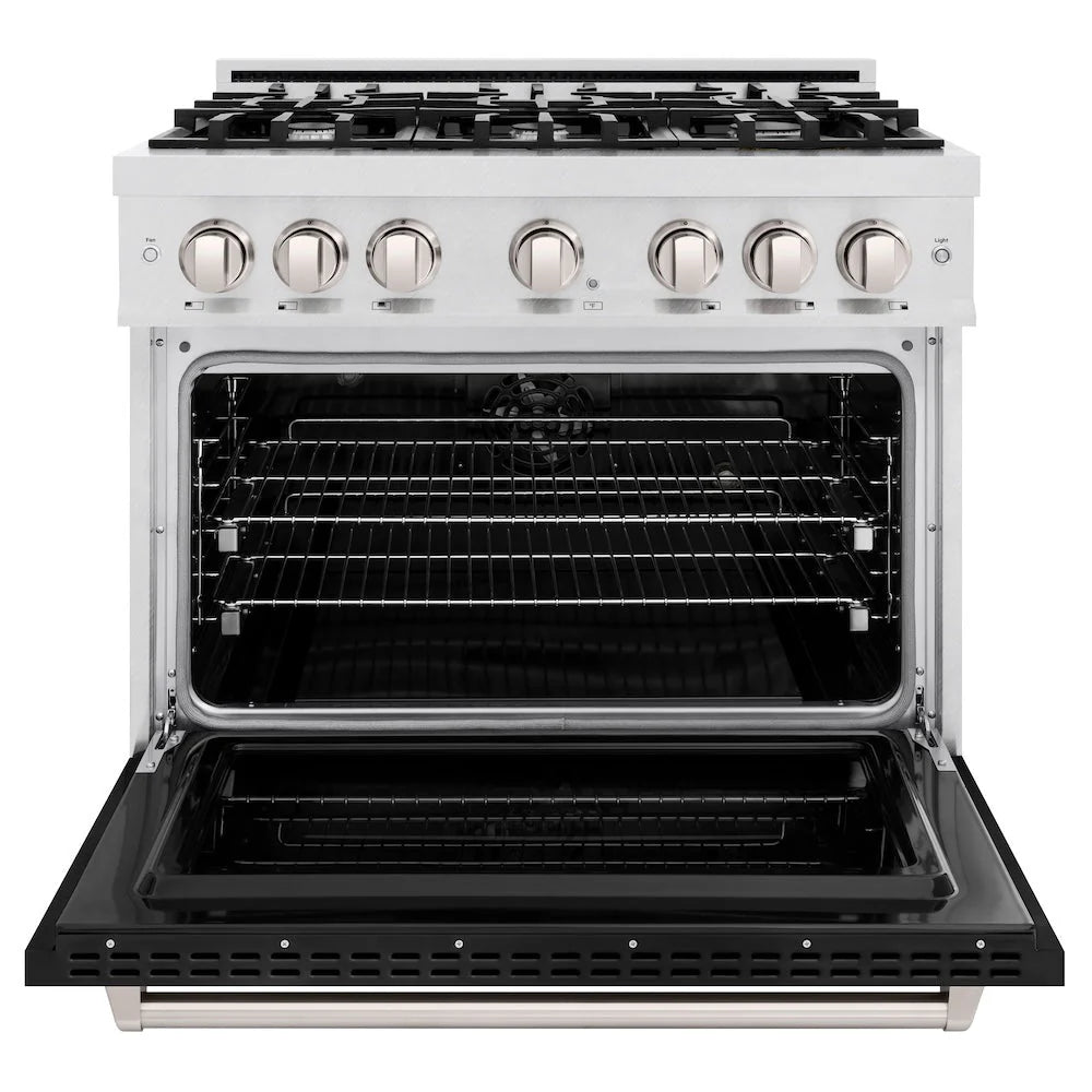 Dual fuel range oven door open, showing bake cavity with racks and black enamel interior