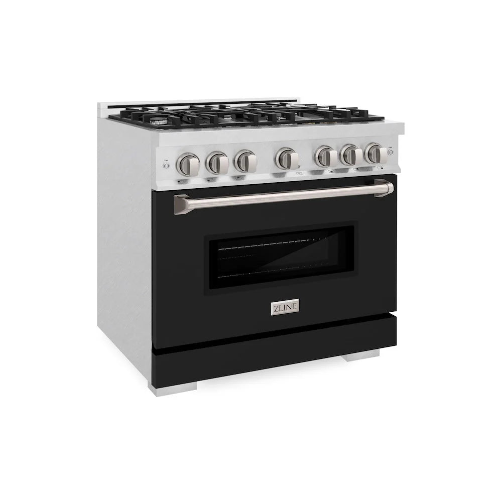 Dual fuel range with black glass oven door, satin stainless control panel, and gas burner grates