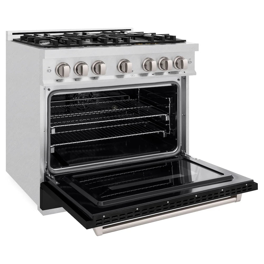 Dual fuel range with oven door open, showing black interior racks and warming drawer