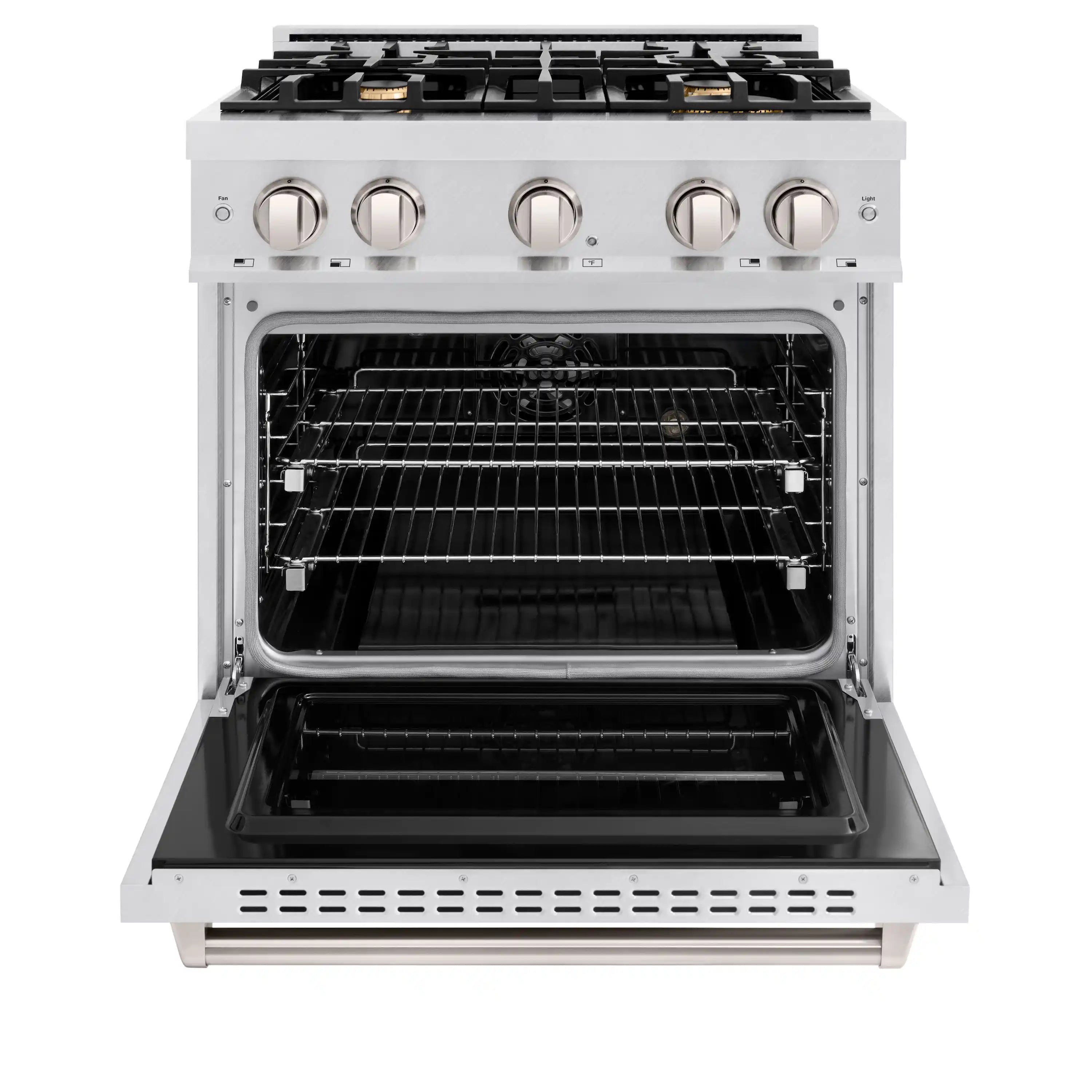 Open satin stainless steel oven door with racks and black interior