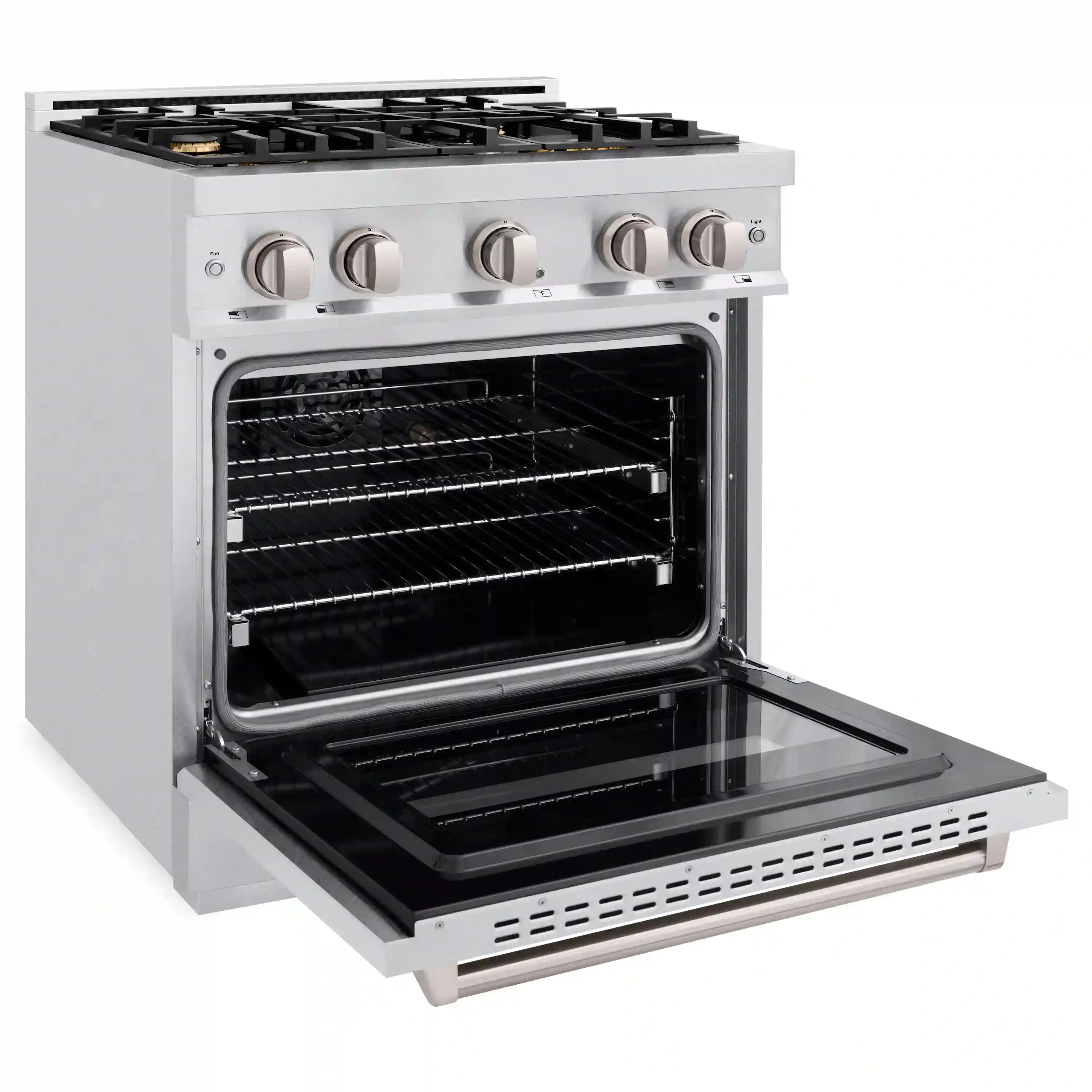 Satin stainless steel range with open oven door and black baking cavity