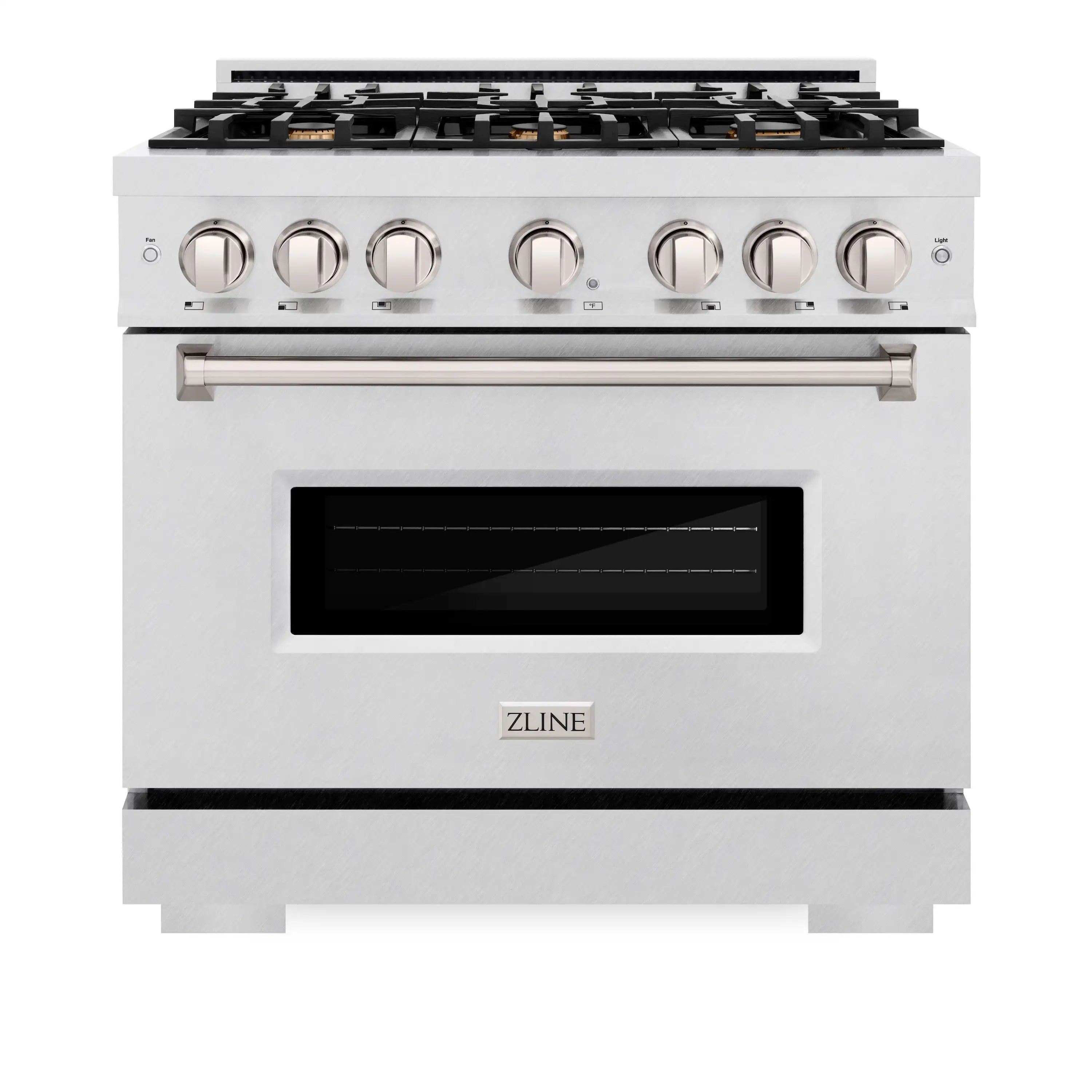 Stainless steel dual fuel range front view with 6 gas burners and convection oven door