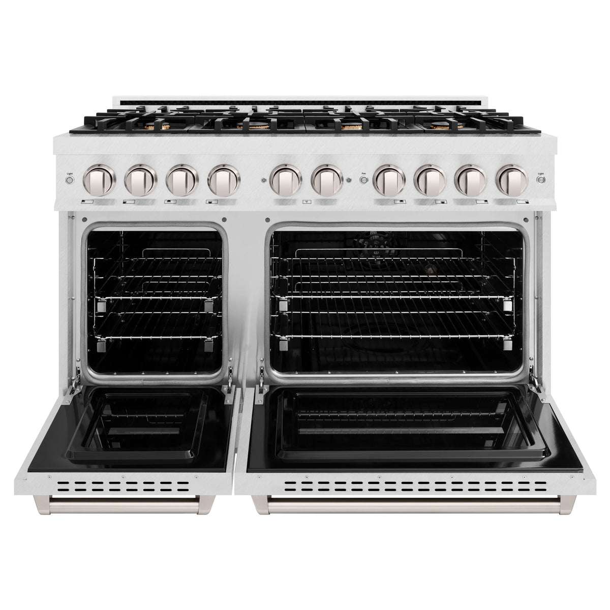 Satin stainless steel dual fuel range with open dual ovens and brass-topped gas burners