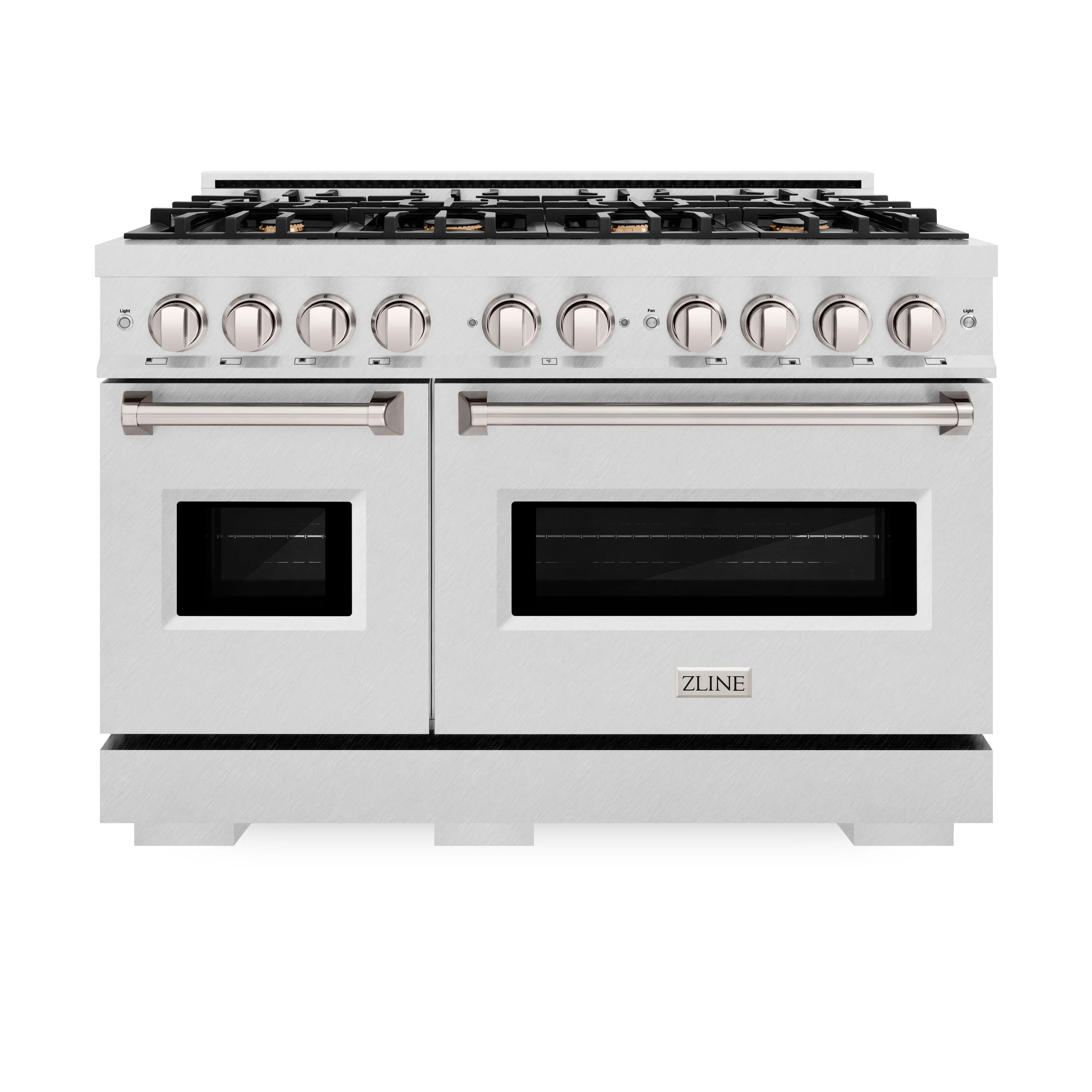 Satin stainless steel dual fuel range front view with two glass oven windows and knobs