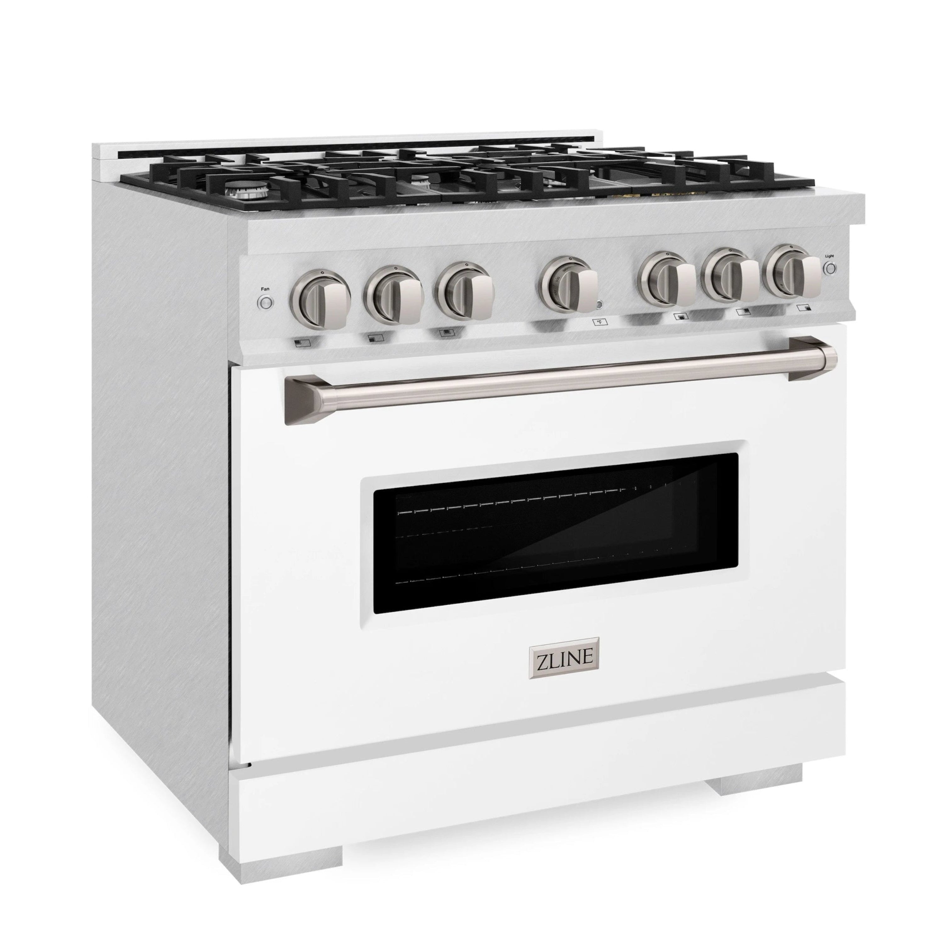 Dual fuel range front with stainless control knobs and viewing window