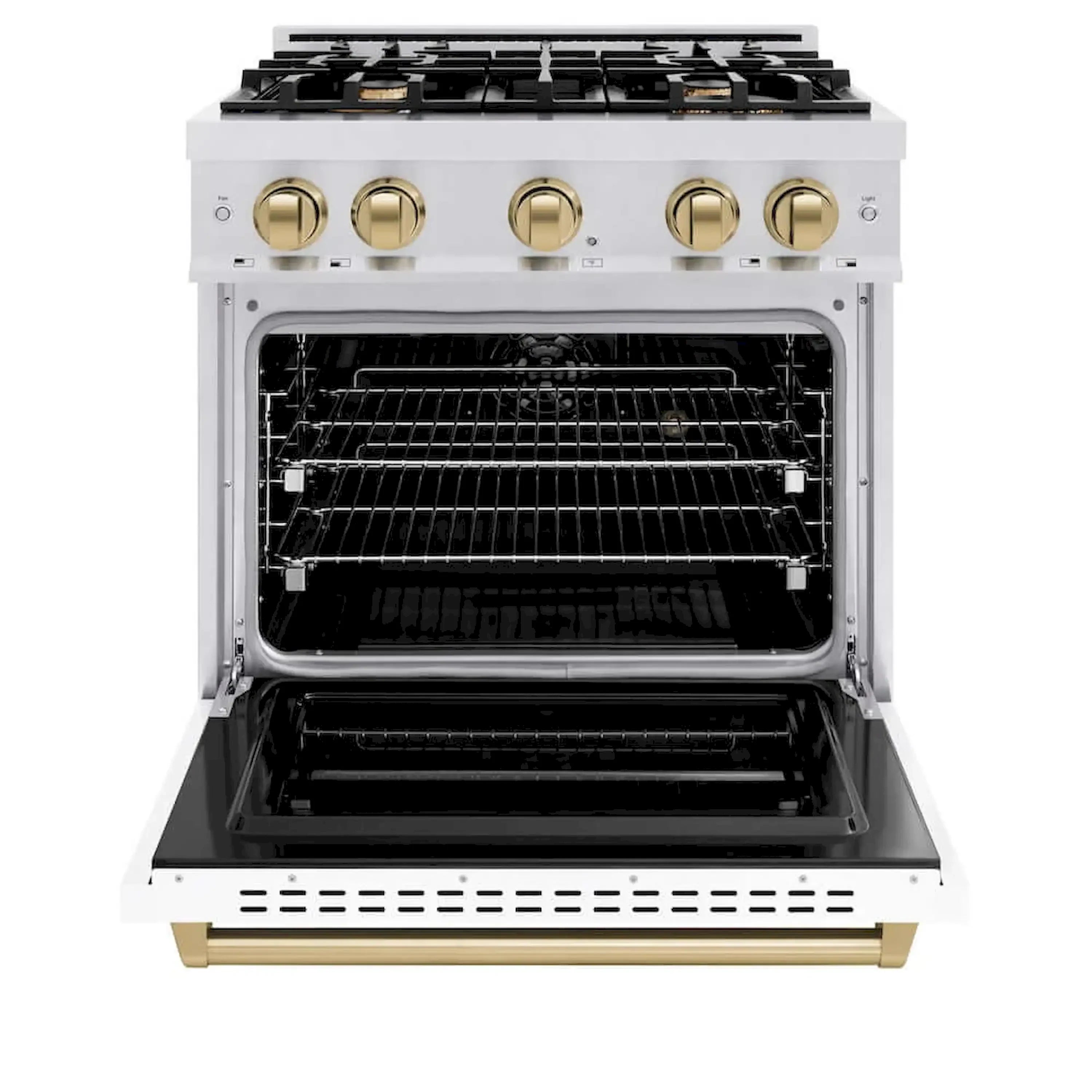 Dual fuel range with oven door open showing wire racks and black interior