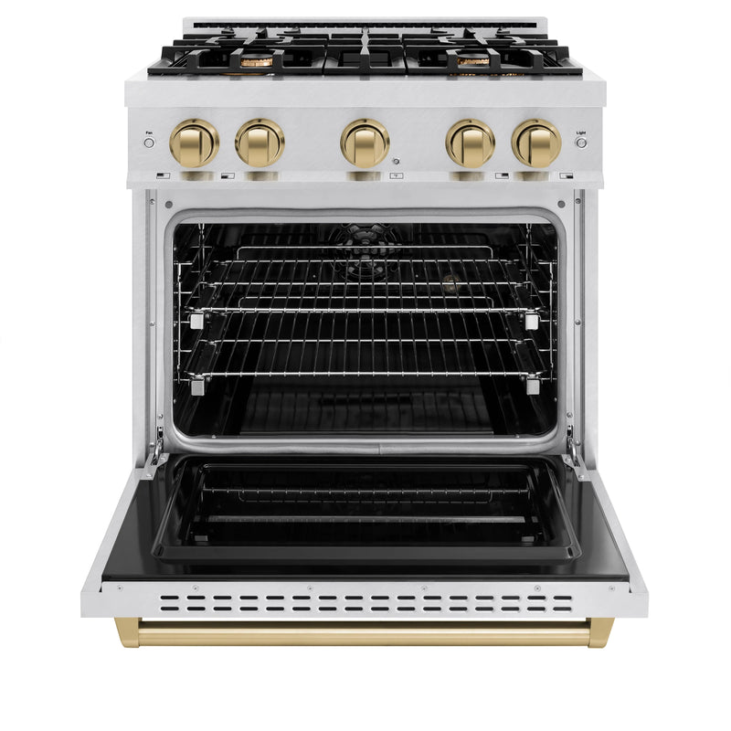 ZLINE Autograph Edition 30-Inch Classic Series Dual Fuel Range with 4 Gas Burner Cooktop and 4.2 Cu. Ft. Electric Convection Oven in DuraSnow Stainless Steel with Champagne Bronze Accents (CDRSZ-30-CB)