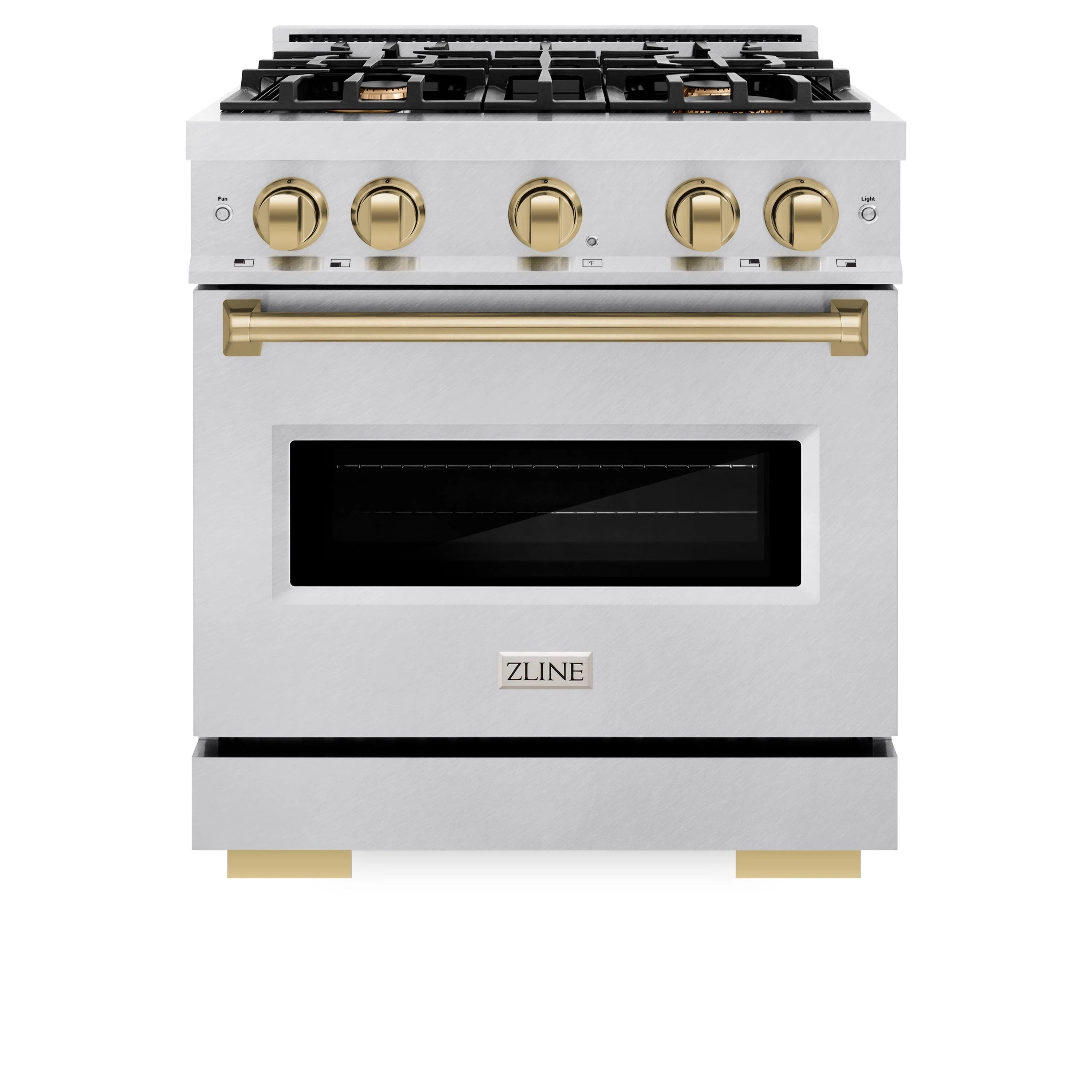 Stainless dual fuel range with champagne bronze knobs, four burners, and oven door window
