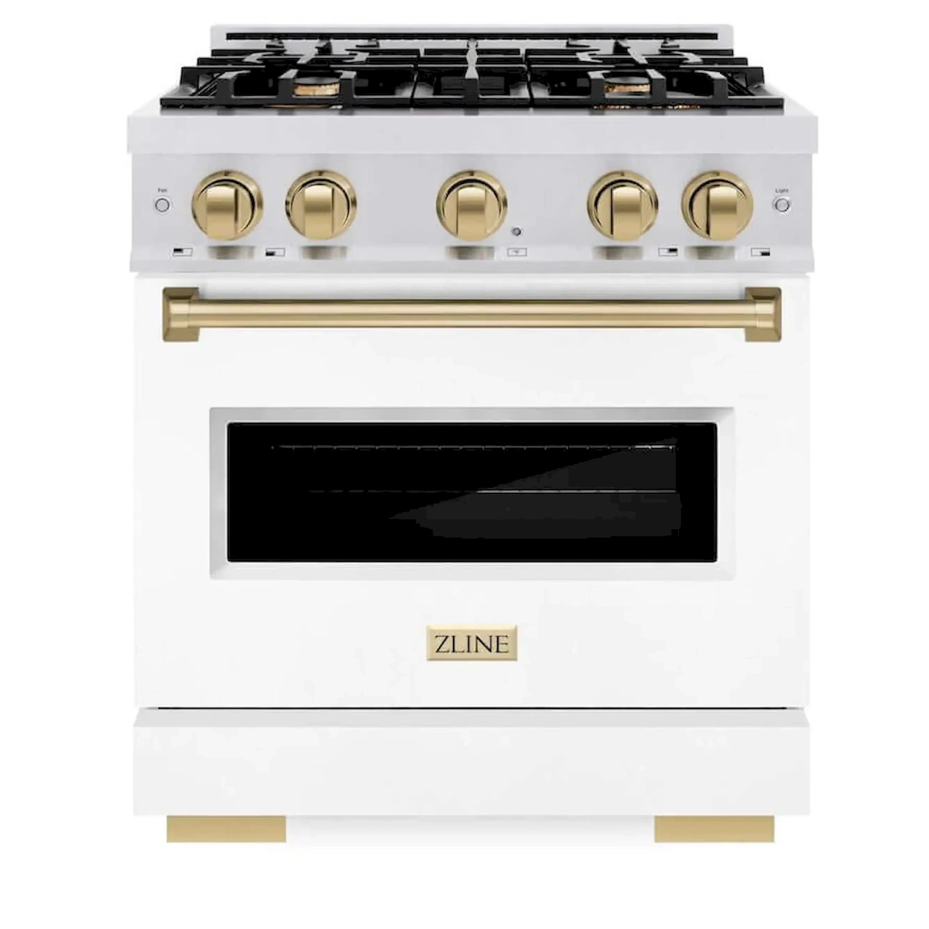 White dual fuel range front with four gold knobs and a dark oven window
