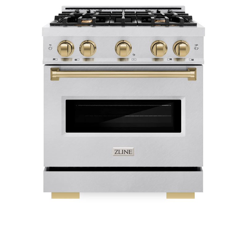 ZLINE Autograph Edition 30-Inch Classic Series Dual Fuel Range with 4 Gas Burner Cooktop and 4.2 Cu. Ft. Electric Convection Oven in DuraSnow Stainless Steel with Champagne Bronze Accents (CDRSZ-30-CB)