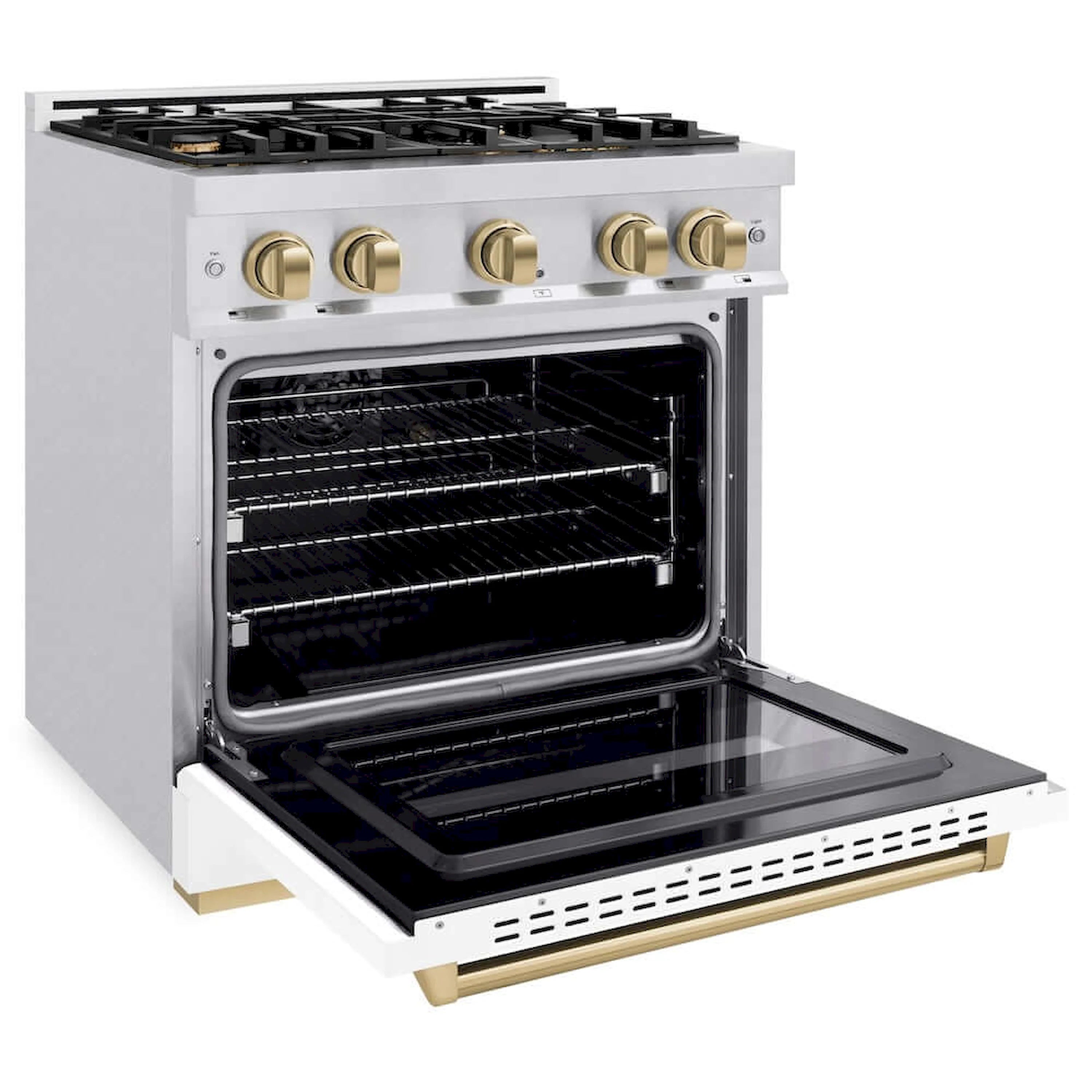 Dual fuel range with open oven door and transparent lower glass panel