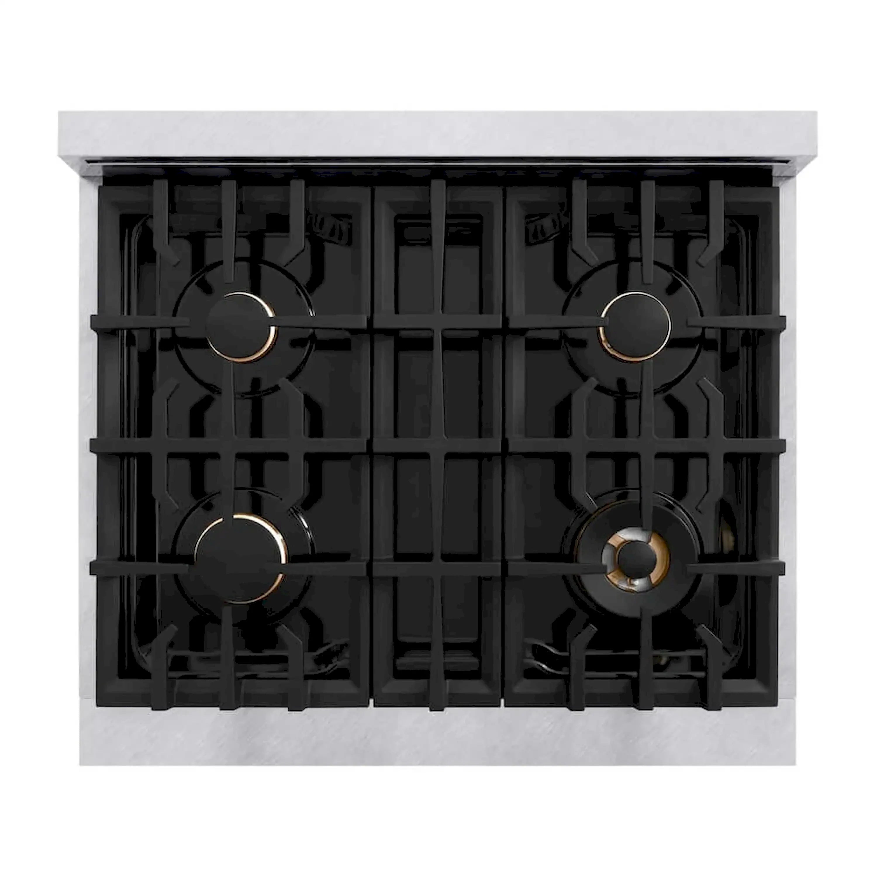 Black gas cooktop with four burner grates and circular bronze center accents