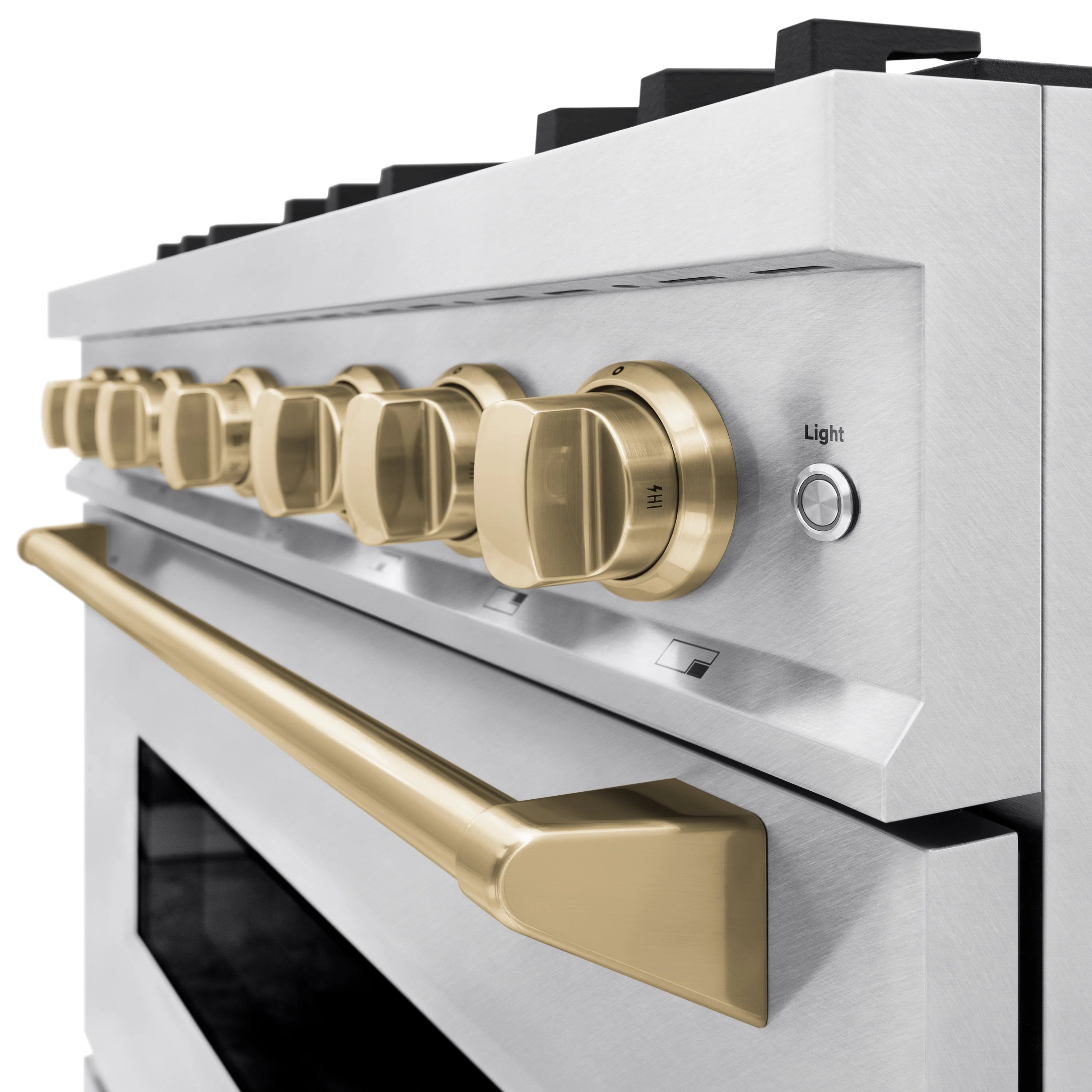 Satin stainless range control panel with champagne bronze knobs and light switch