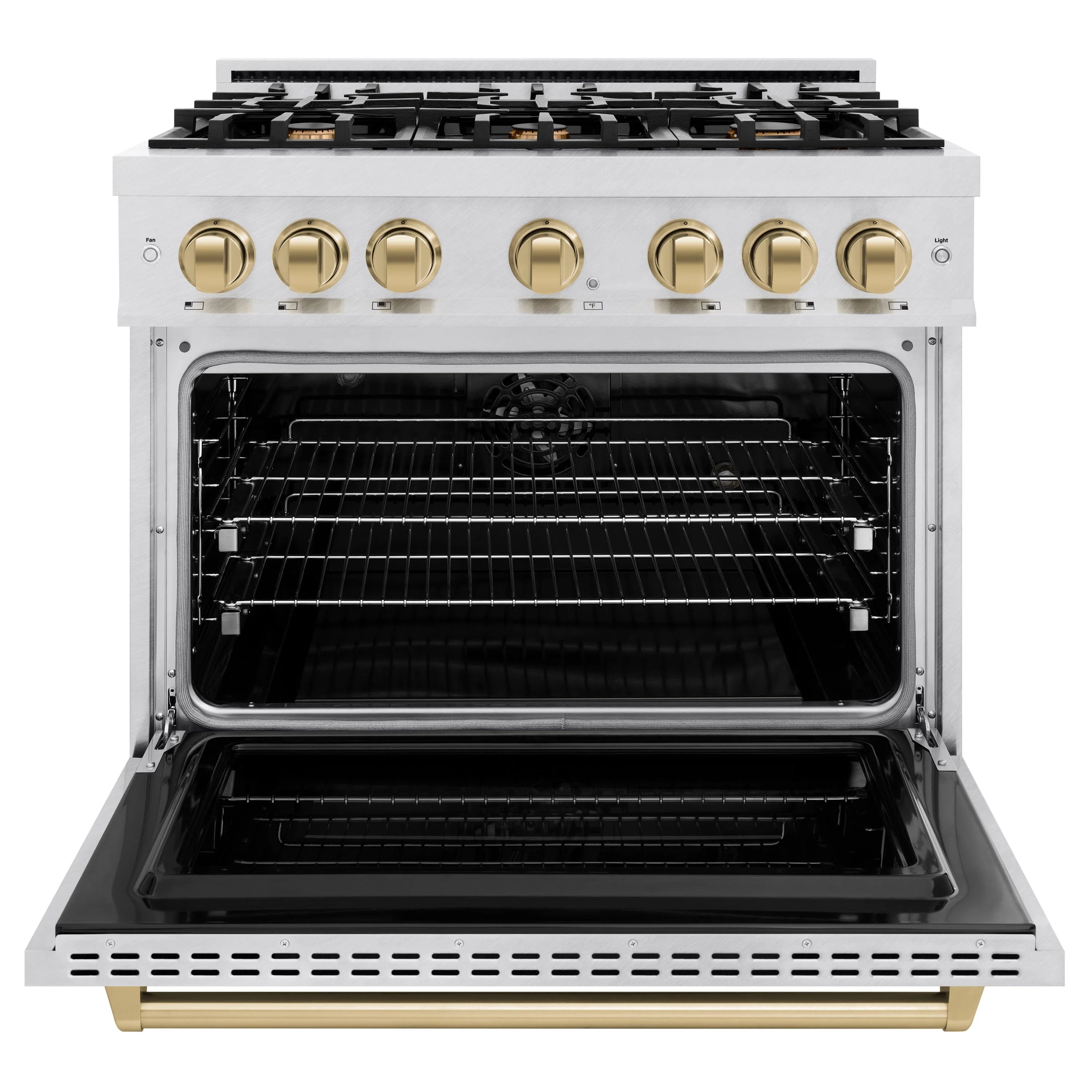 Dual fuel range oven with open door, black racks, and satin stainless trim