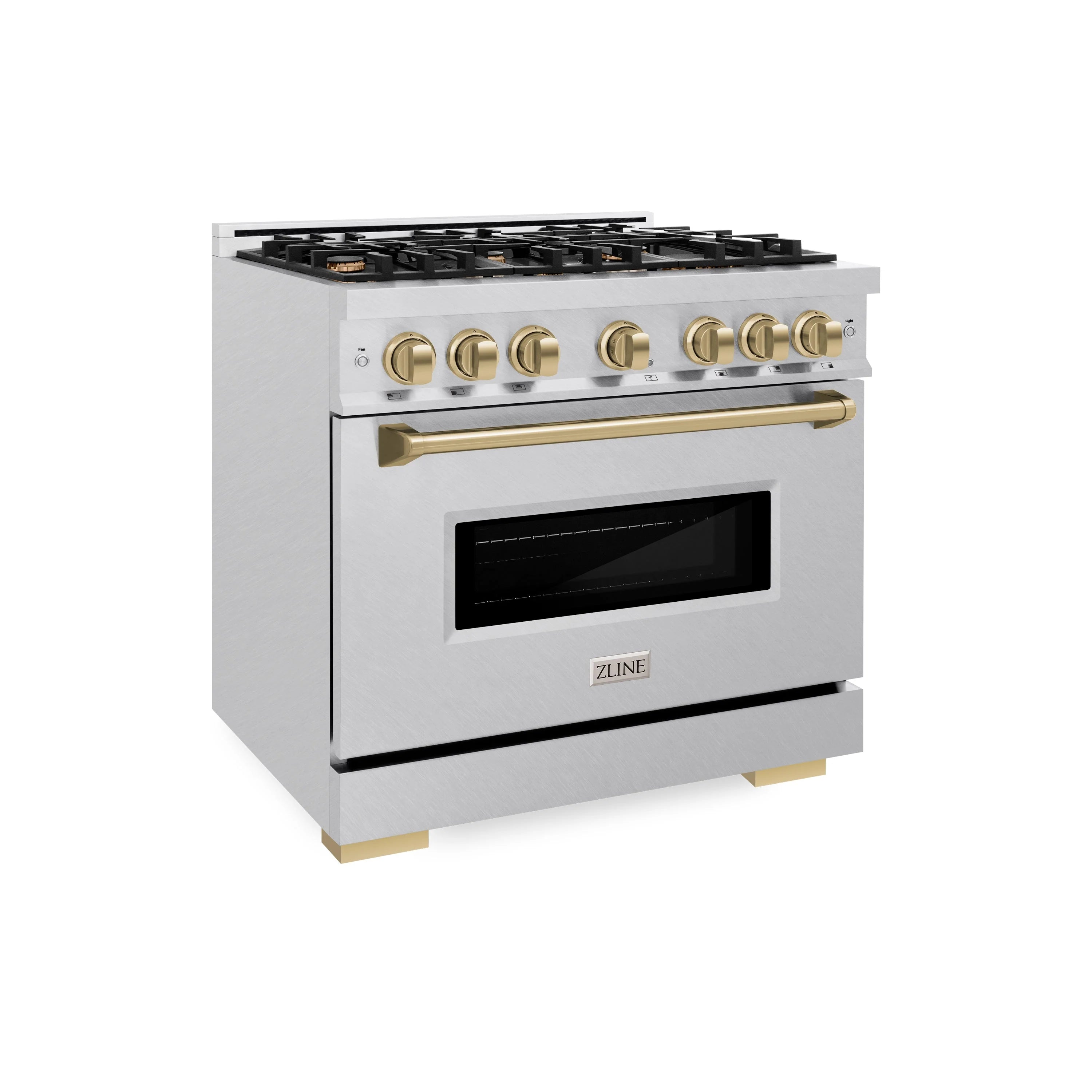 Dual fuel range with black glass oven door and champagne bronze handle