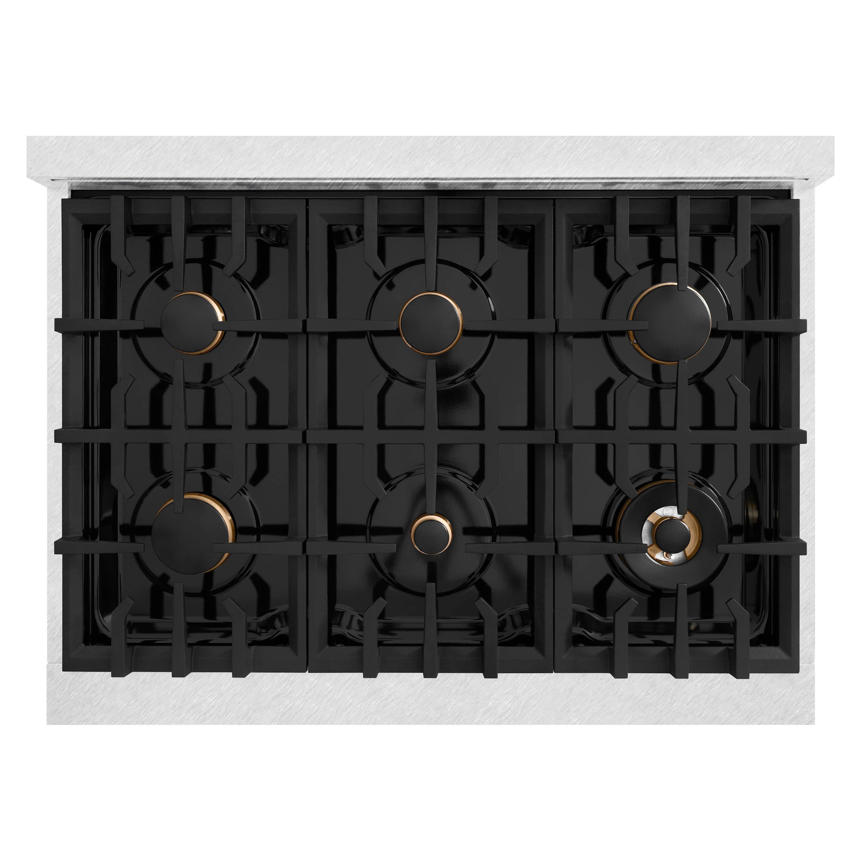 Gas cooktop with six black burner caps and grates on dual fuel range